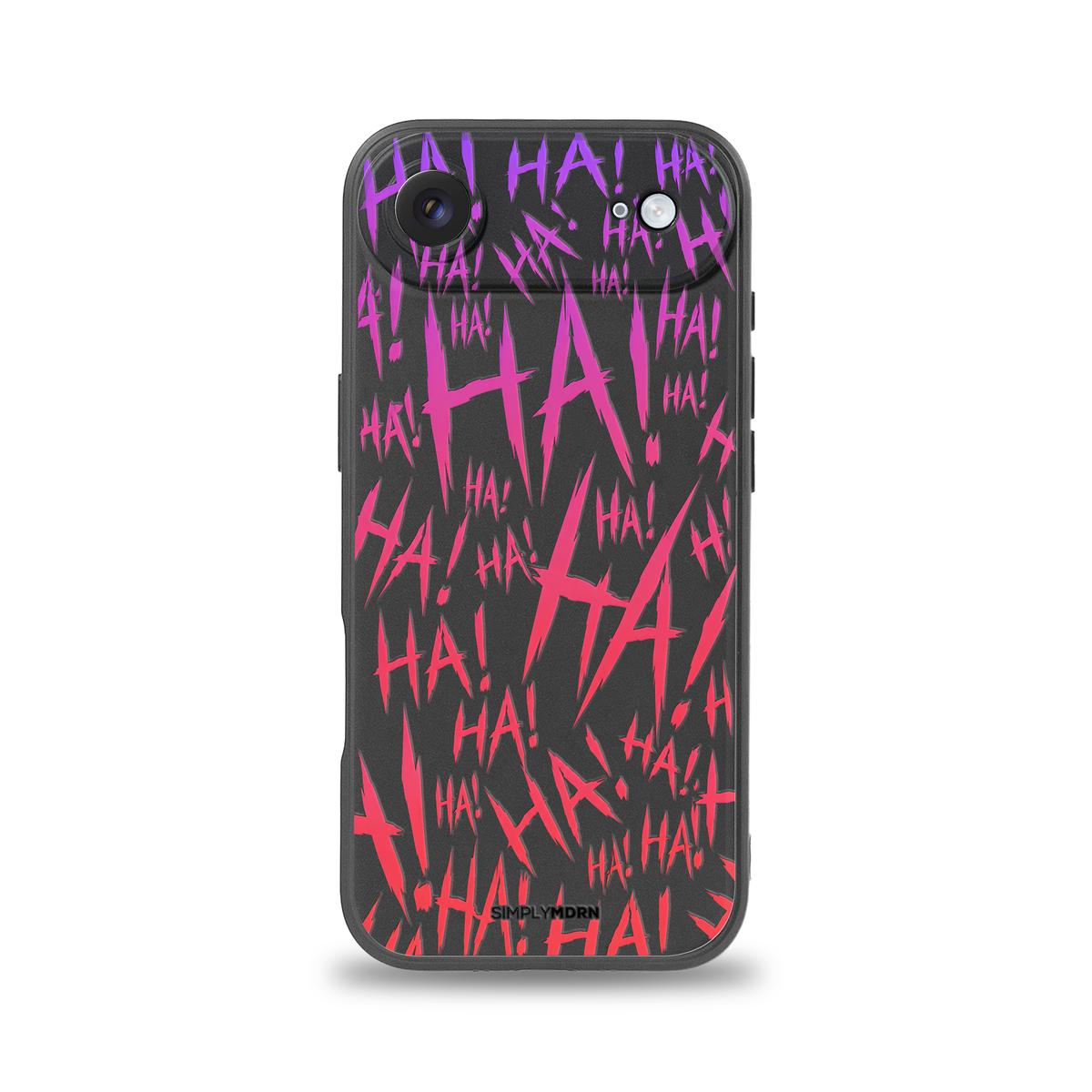 Jokester Pourpre: purple scattered HA brush lettering on the black Slim case, view 1