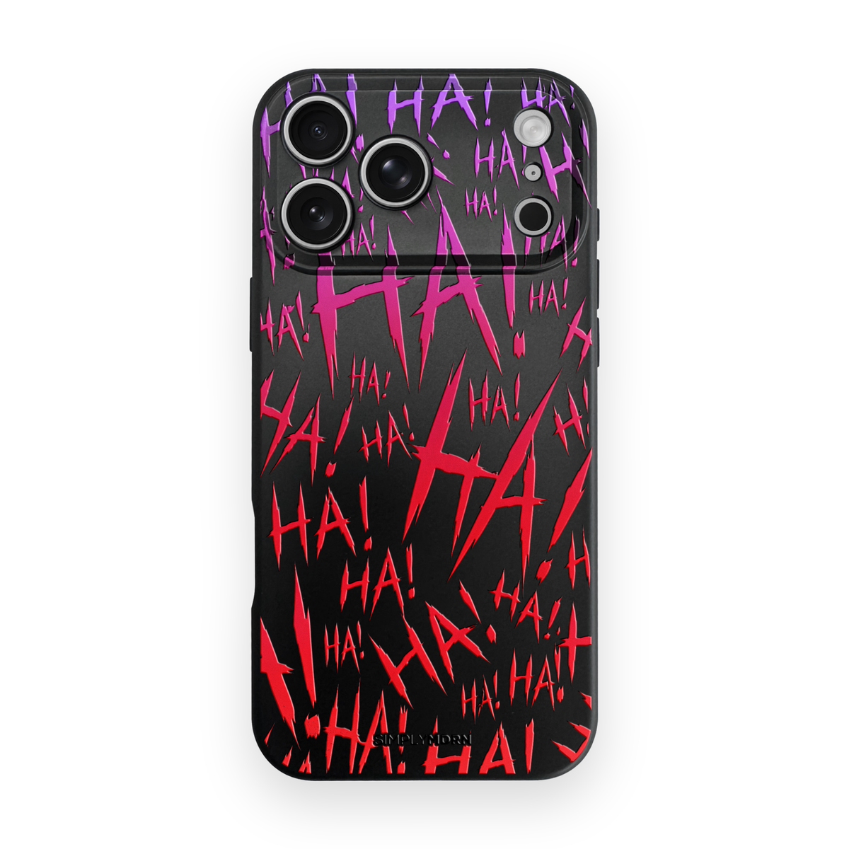 Jokester Pourpre: purple scattered HA brush lettering on the black Slim case, view 1
