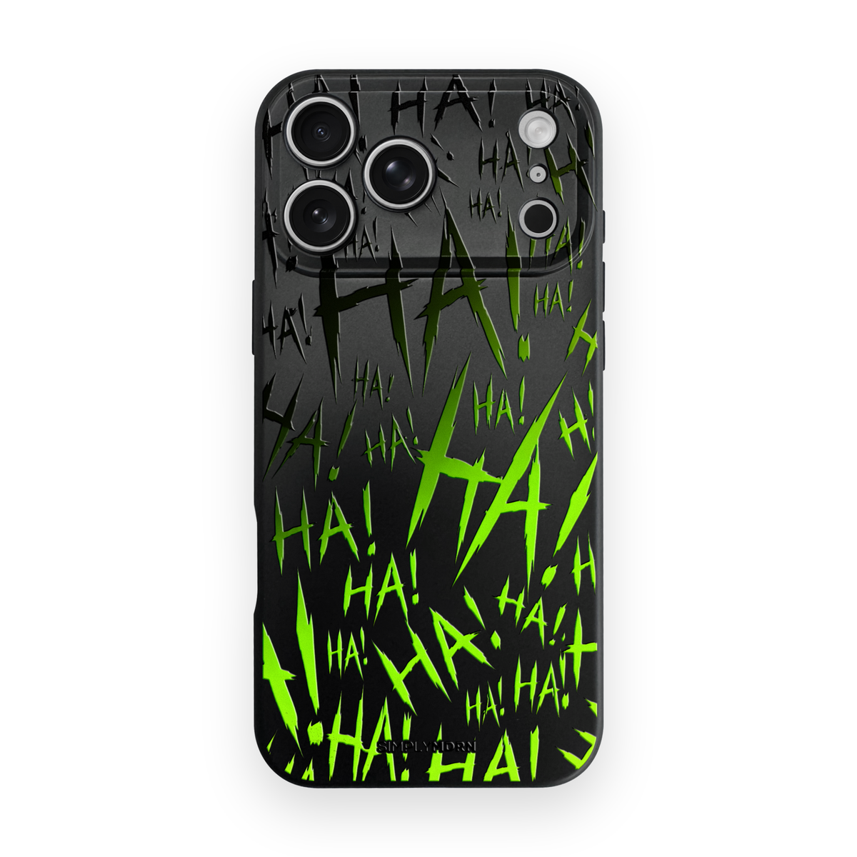 Jokester Kuro Midori: black and green scattered HA brush lettering on the black Slim case, view 1