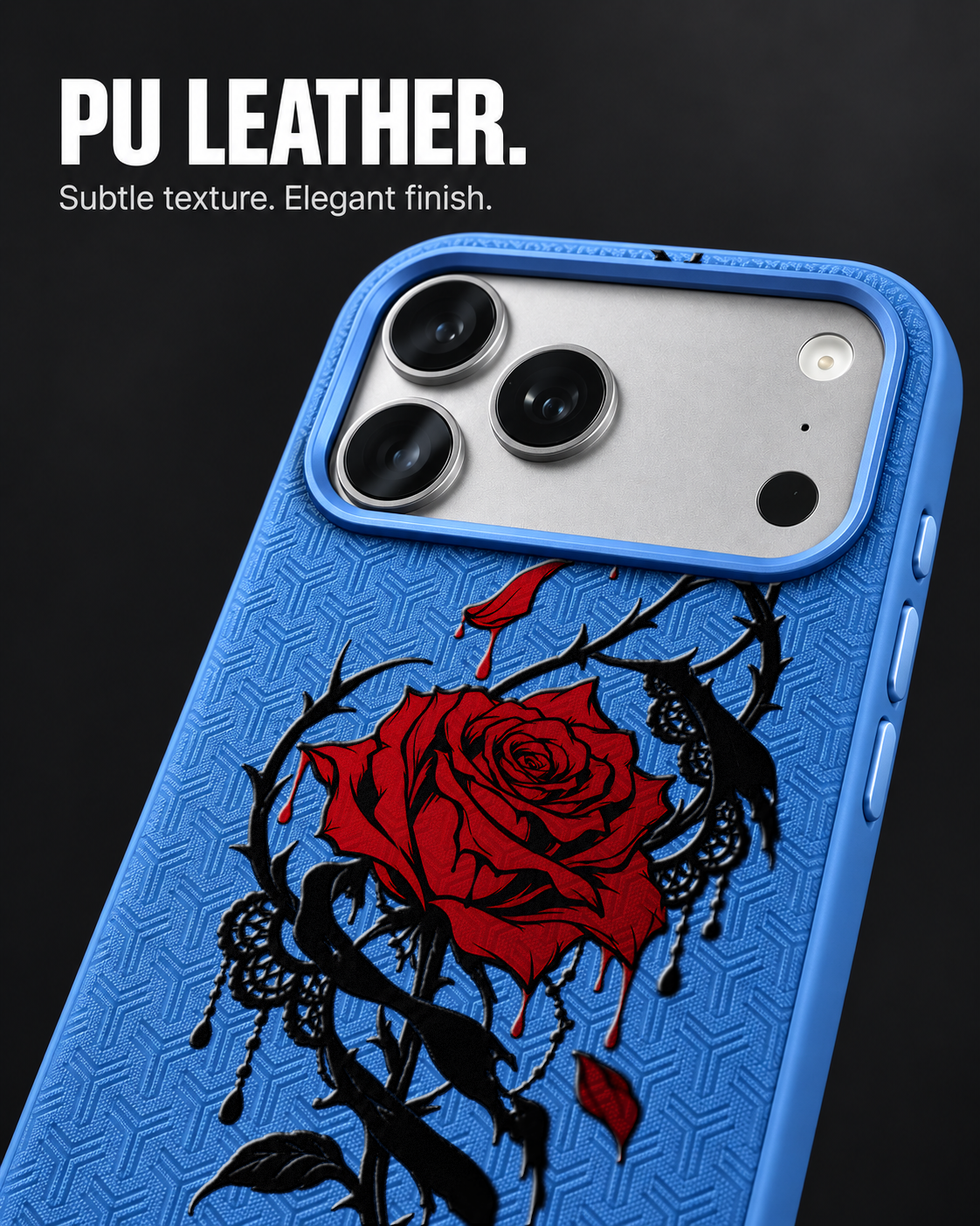 THORNBOUND LeatherX case in Blue, representative iPhone Pro-style template, view 3