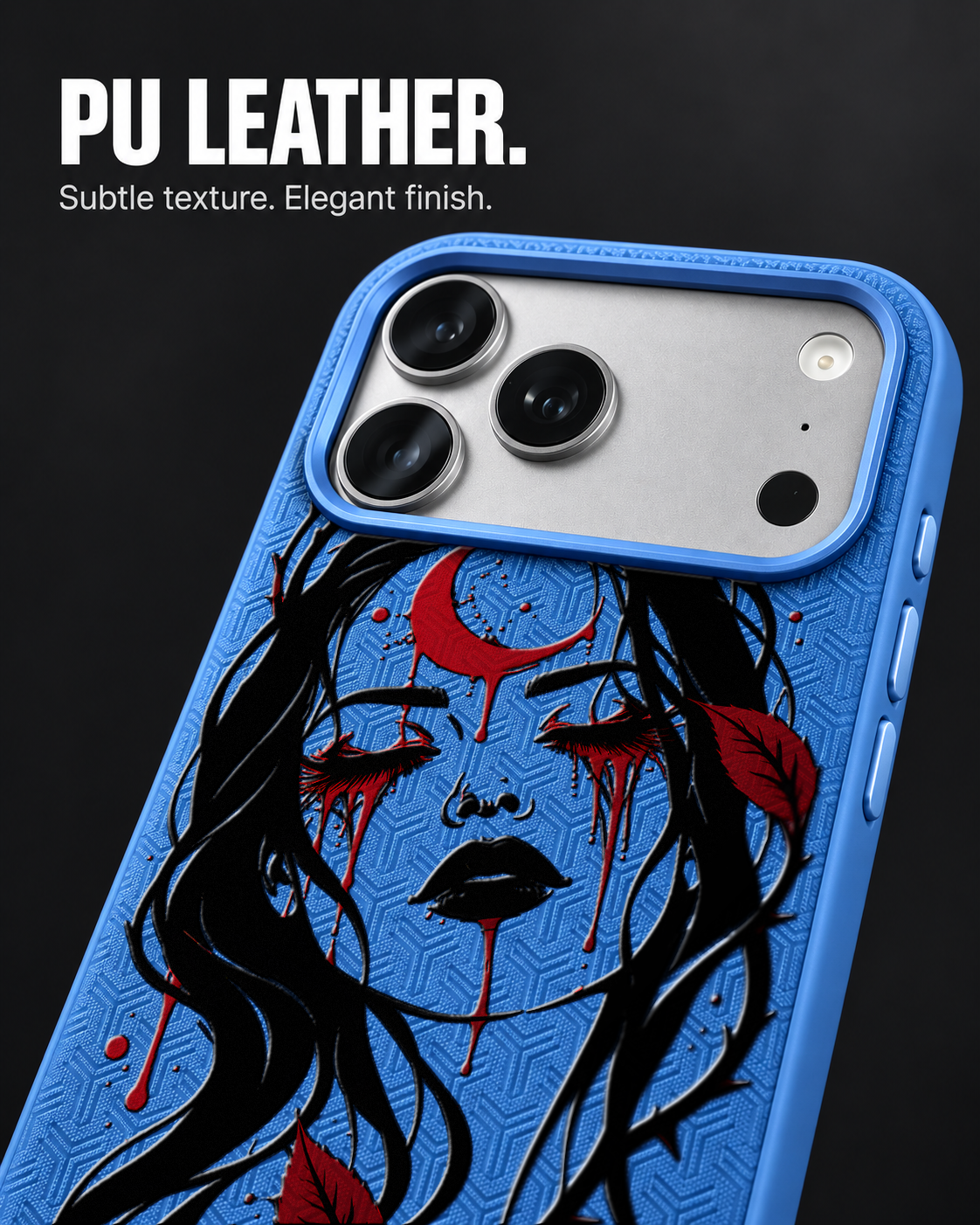 MOONMOURN LeatherX case in Blue, representative iPhone Pro-style template, view 3