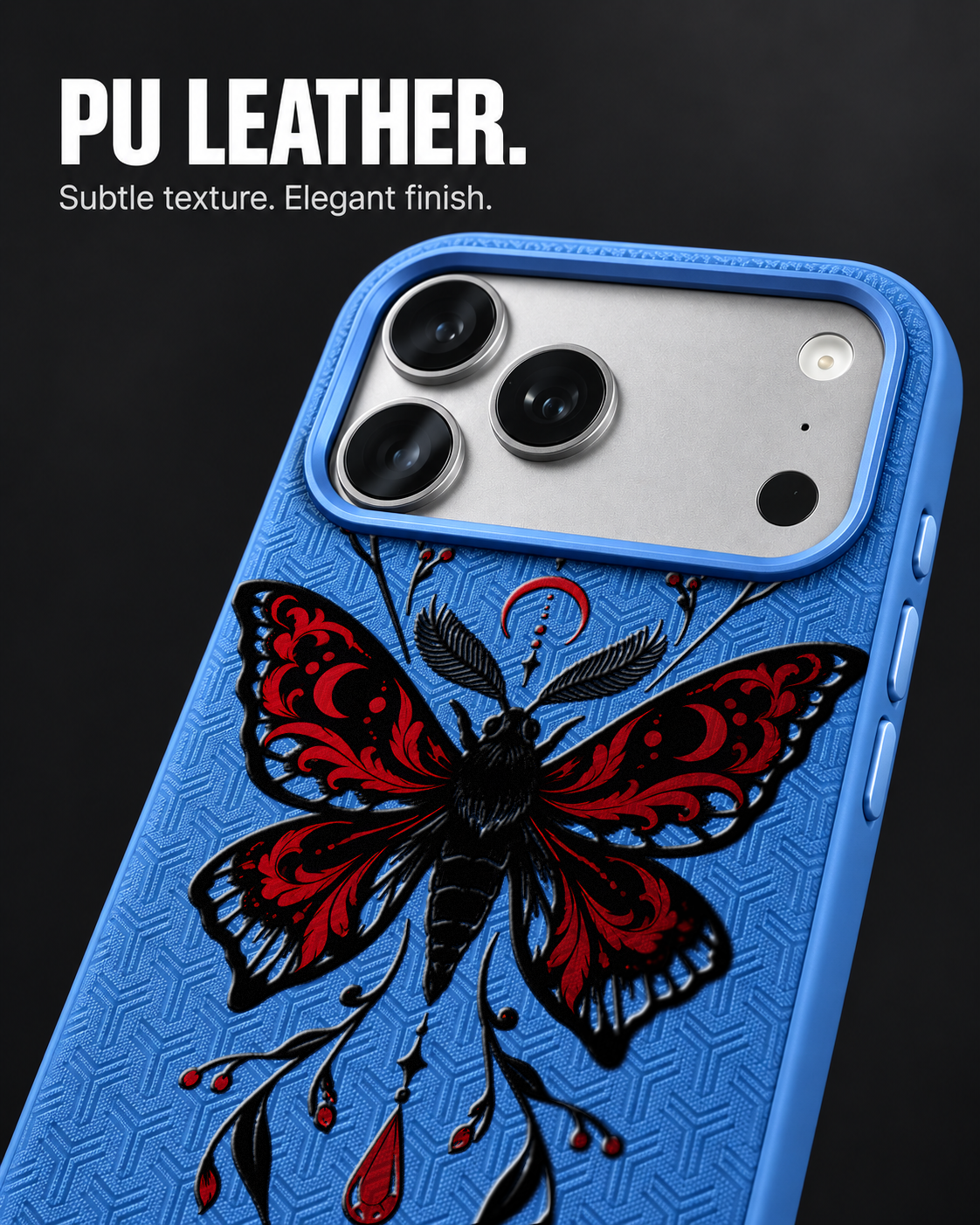 DUSK MOTH LeatherX case in Blue, representative iPhone Pro-style template, view 3