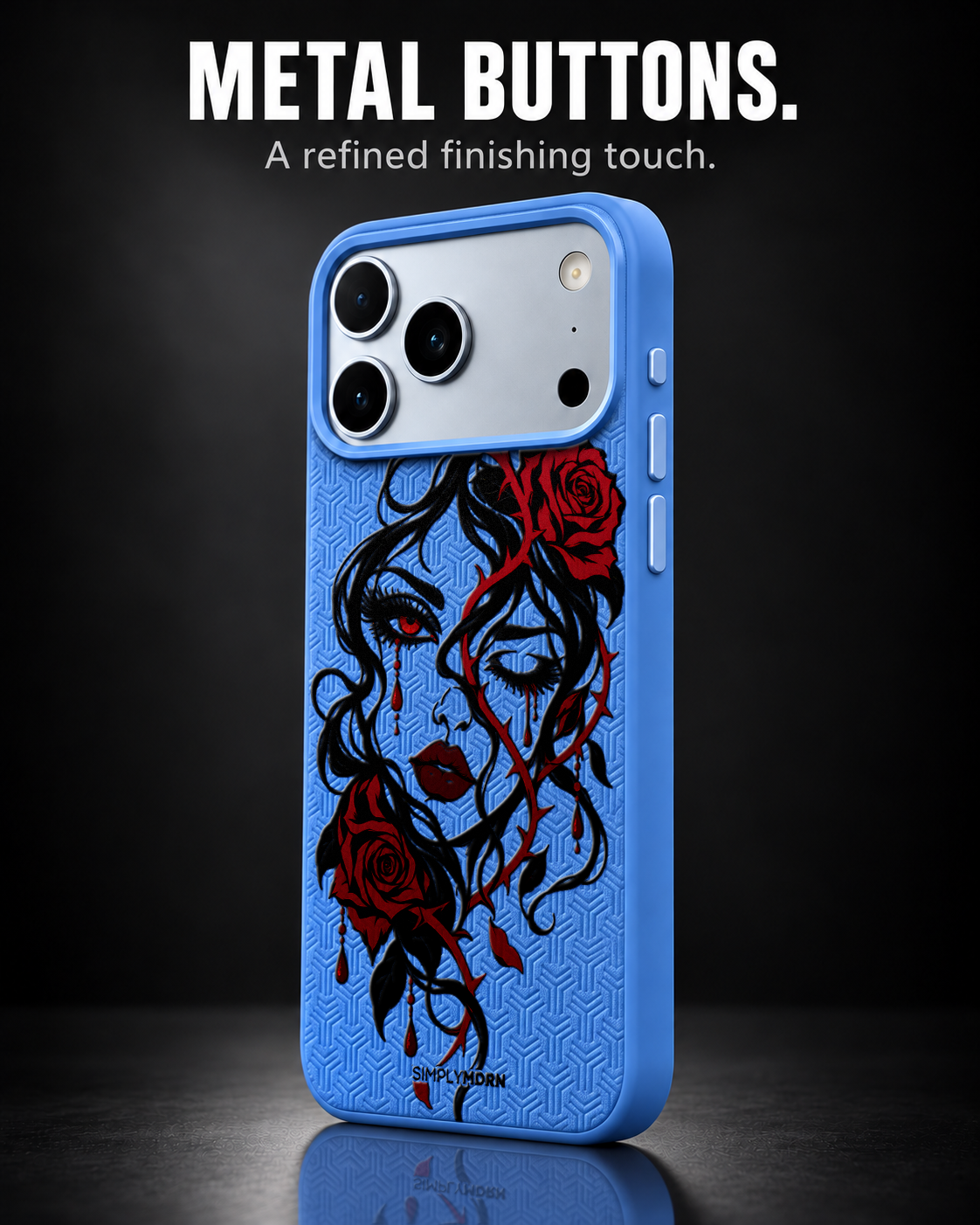 SCARLET REVERIE LeatherX case in Blue, representative iPhone Pro-style template, view 2