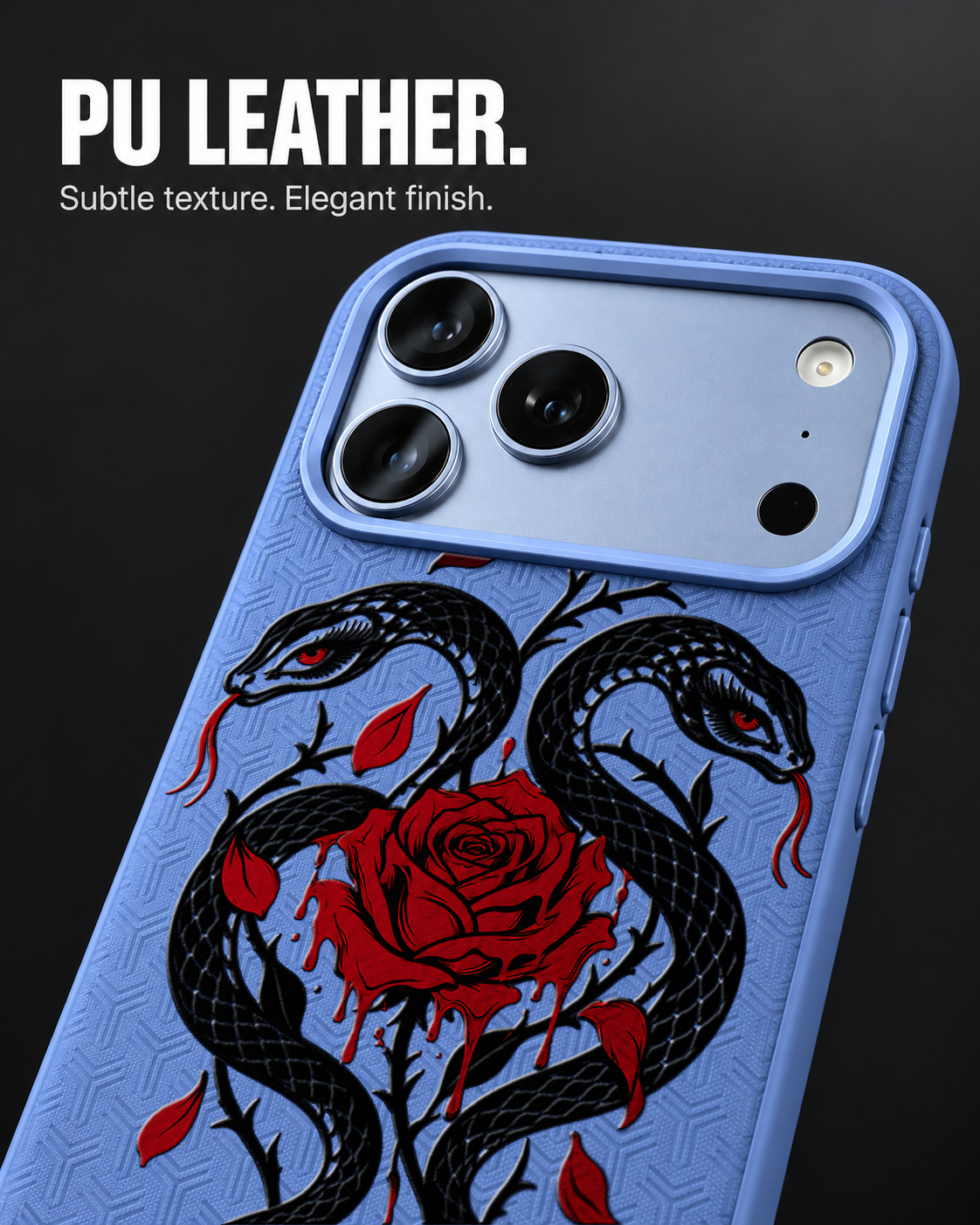 TWIN VENOM LeatherX case in Periwinkle, representative iPhone Pro-style template, view 3