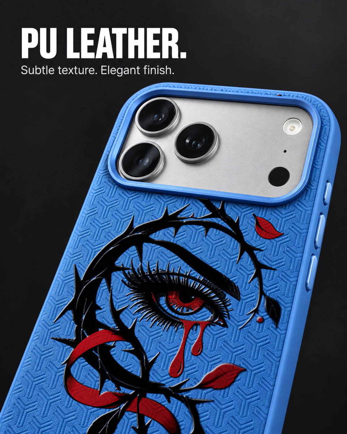 THORNWATCH LeatherX case in Blue, representative iPhone Pro-style template, view 3