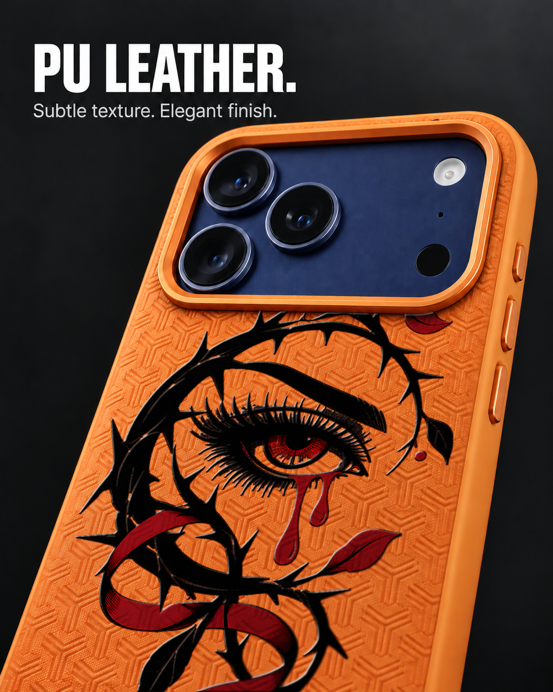 THORNWATCH LeatherX case in Orange, representative iPhone Pro-style template, view 3