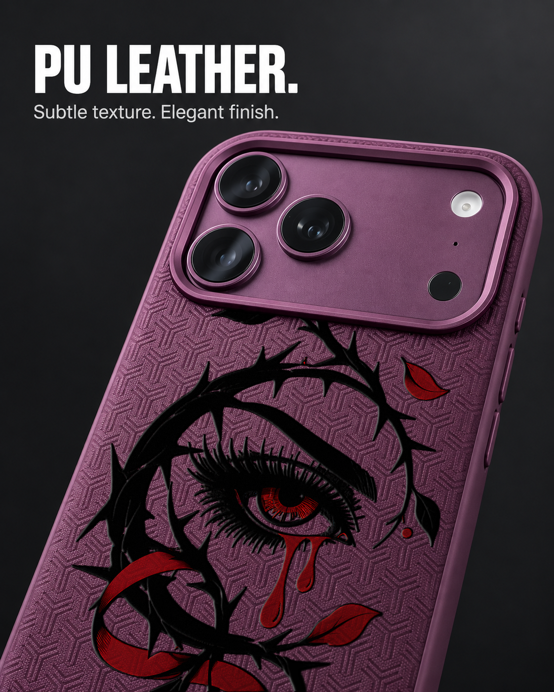 THORNWATCH LeatherX case in Plum, representative iPhone Pro-style template, view 3