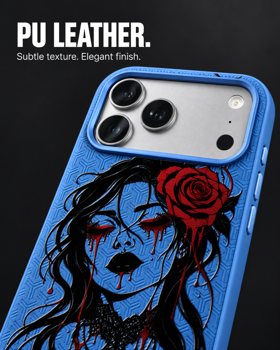 VELVET MOURNING LeatherX case in Blue, representative iPhone Pro-style template, view 3
