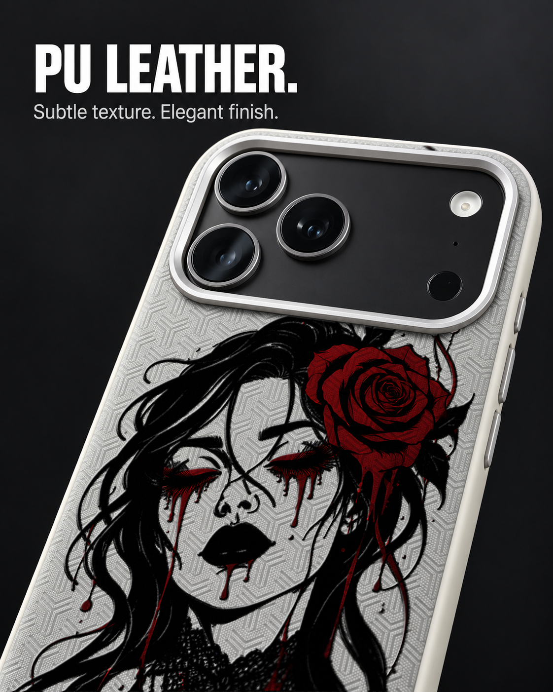 VELVET MOURNING LeatherX case in Light Gray, representative iPhone Pro-style template, view 3
