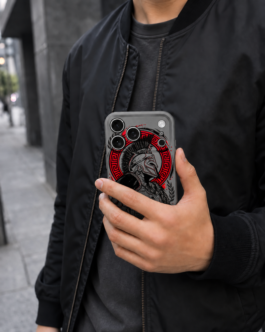 Gladiator black ink and red accents on the Gray Slim case for iPhone 17 Pro Max, view 5