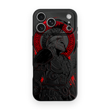 Gladiator black ink and restrained red warrior artwork on the Black Slim case for iPhone 17 Pro Max, view 1
