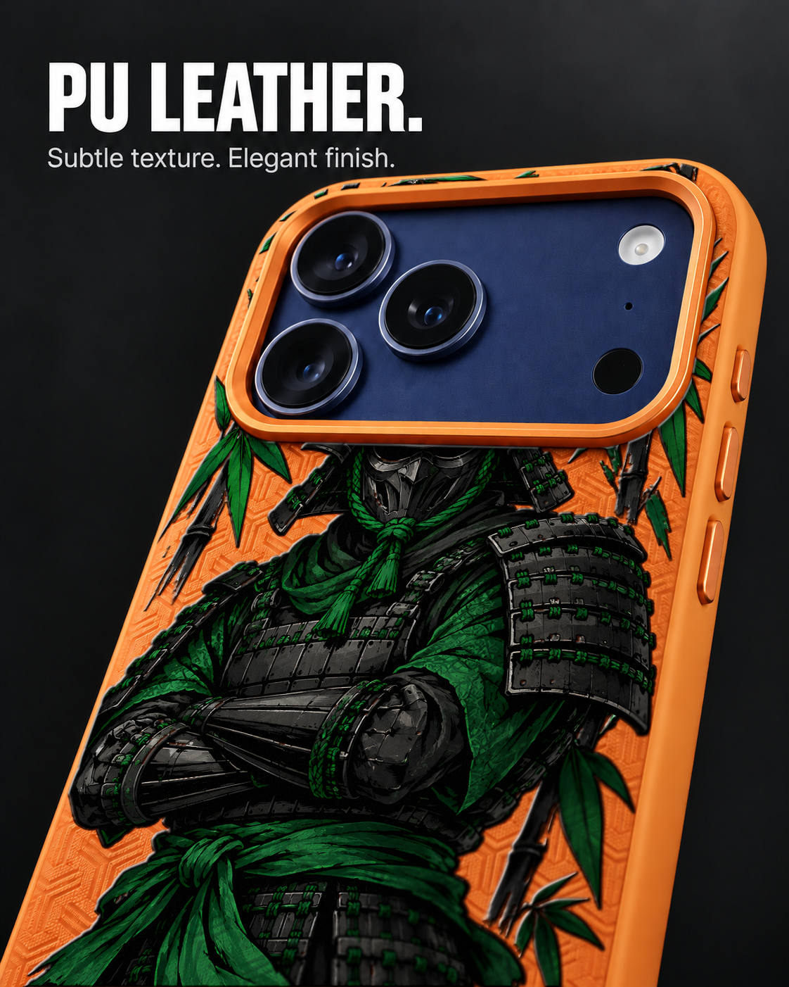 JADE GUARD LeatherX case in Orange, representative iPhone Pro-style template, view 3