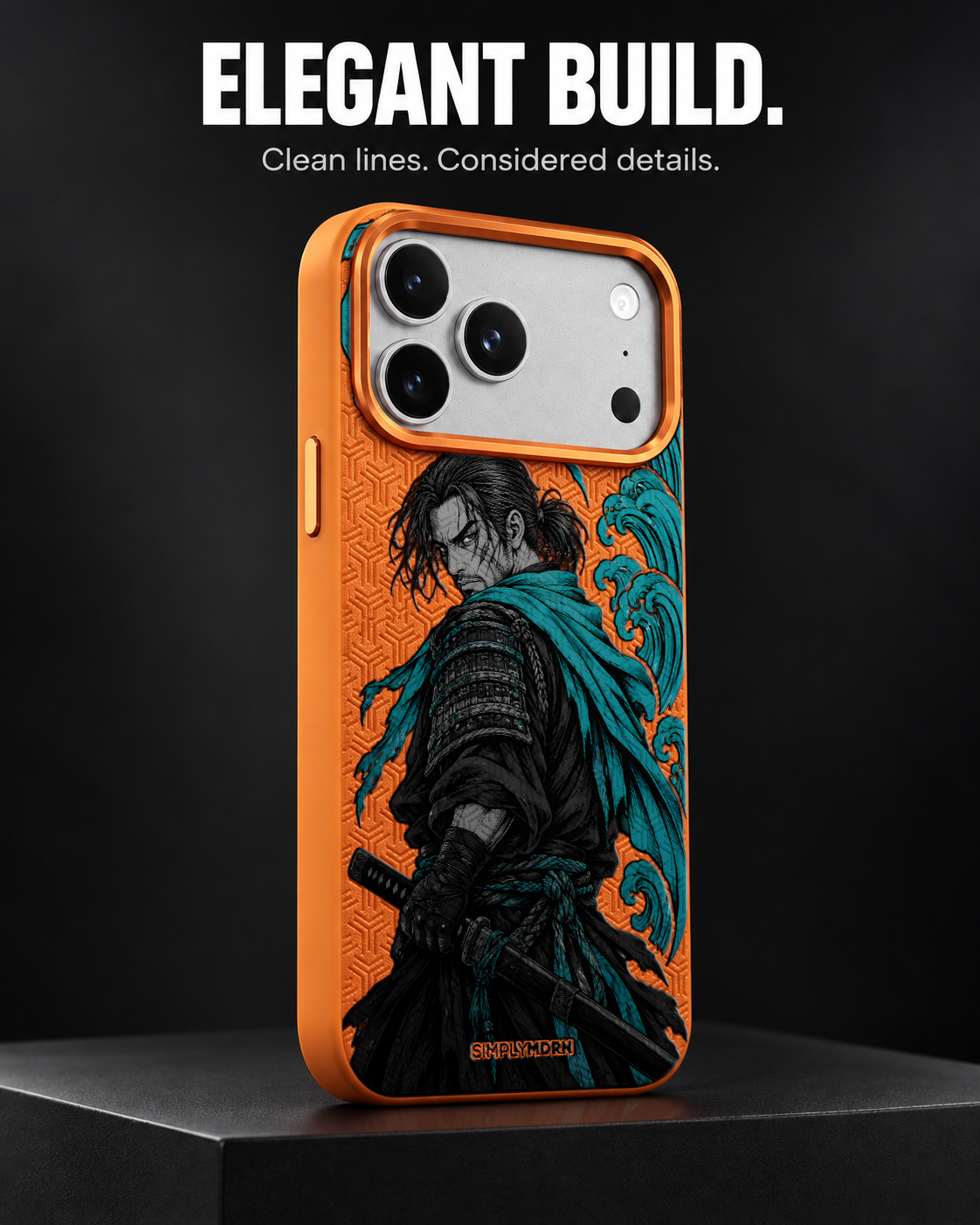 TIDEBLADE LeatherX case in Orange, representative iPhone Pro-style template, view 4