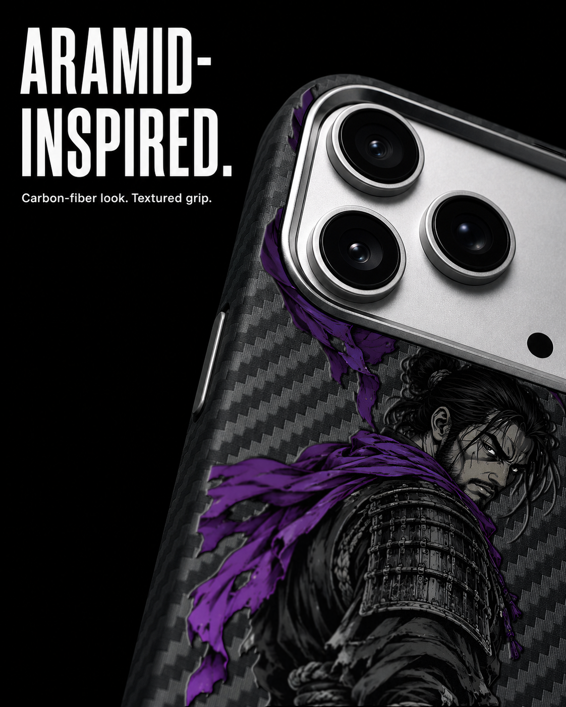 Wisteria Veil samurai artwork on a Black Carbon case for iPhone 17 Pro, view 4