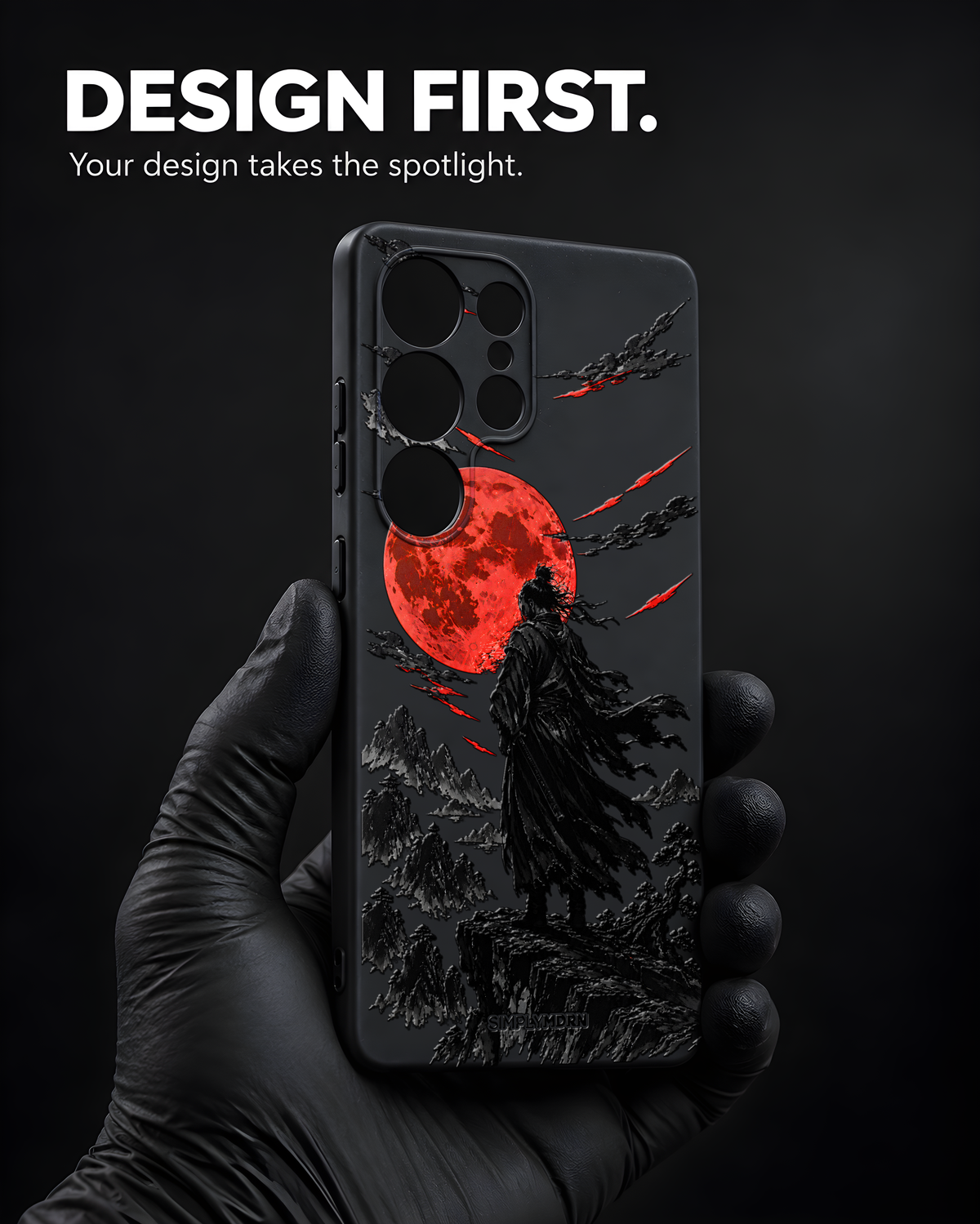 SILENT OATH red moon and black samurai artwork on the Black SLIM [S1] case for Samsung S25 Ultra, view 3