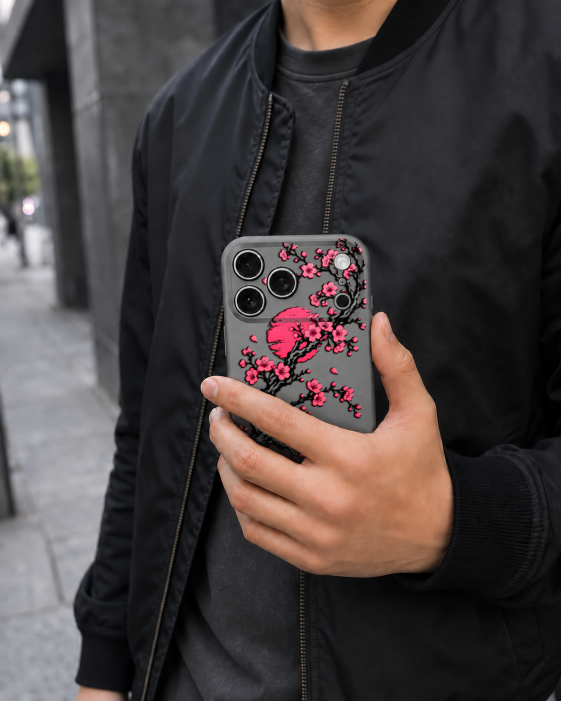 SAKURA SUN: Japanese cherry blossom artwork on the gray Slim case for iPhone 17 Pro Max, view 5