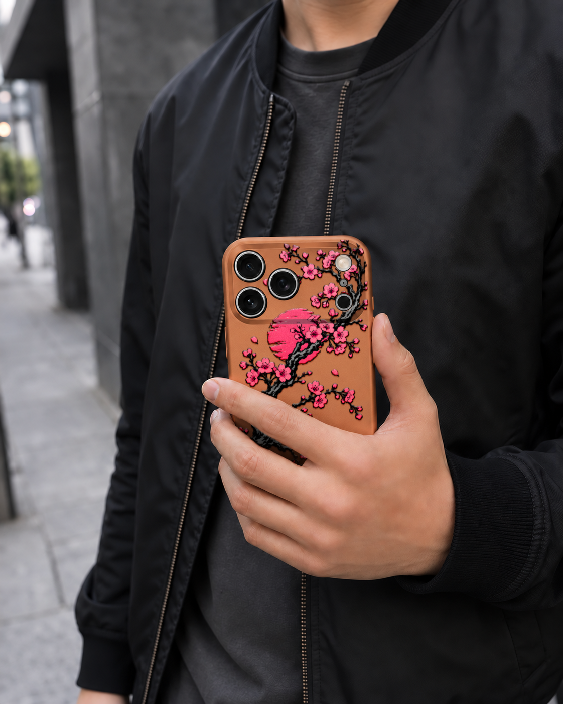 SAKURA SUN: Japanese cherry blossom artwork on the orange Slim case for iPhone 17 Pro Max, view 5