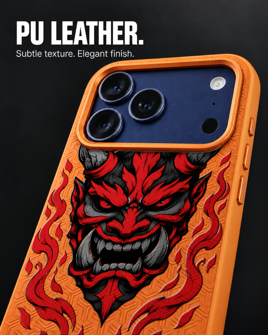 CINDER MAW LeatherX case in Orange, representative iPhone Pro-style template, view 3
