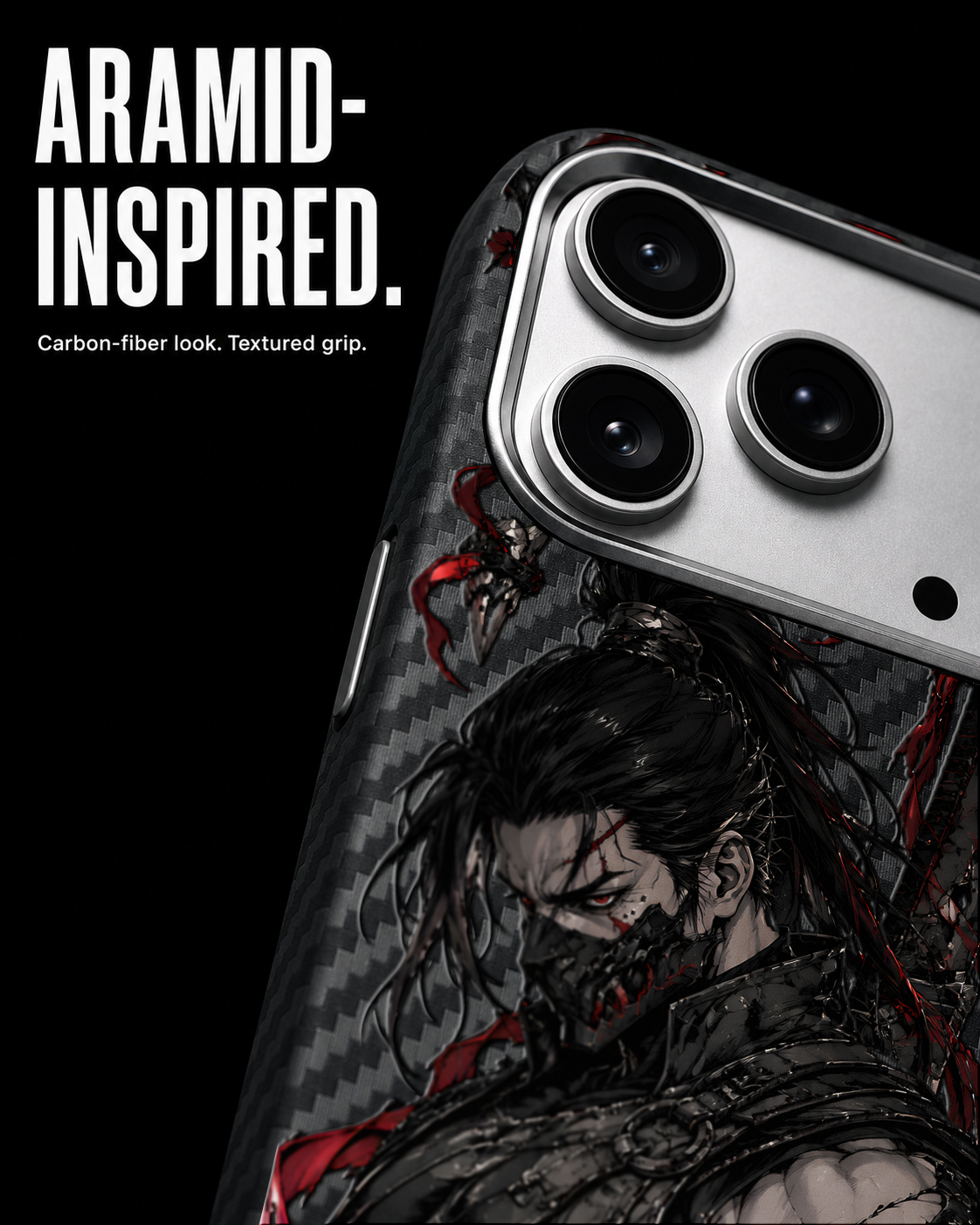 IRON WRAITH original anime-inspired artwork on Carbon S1 Black case, pictured on iPhone 17 Pro - view 4