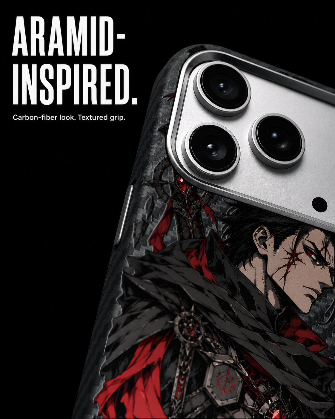 HEXBOUND original anime-inspired artwork on Carbon S1 Black case, pictured on iPhone 17 Pro - view 4