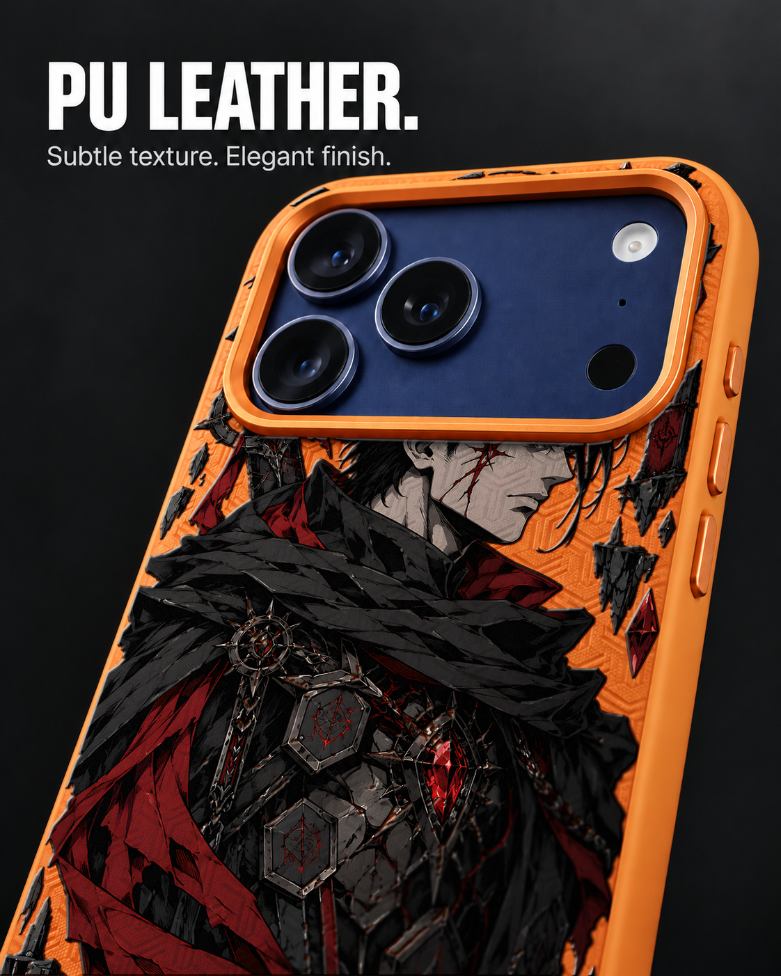 HEXBOUND LeatherX case in Orange, representative iPhone Pro-style template, view 3