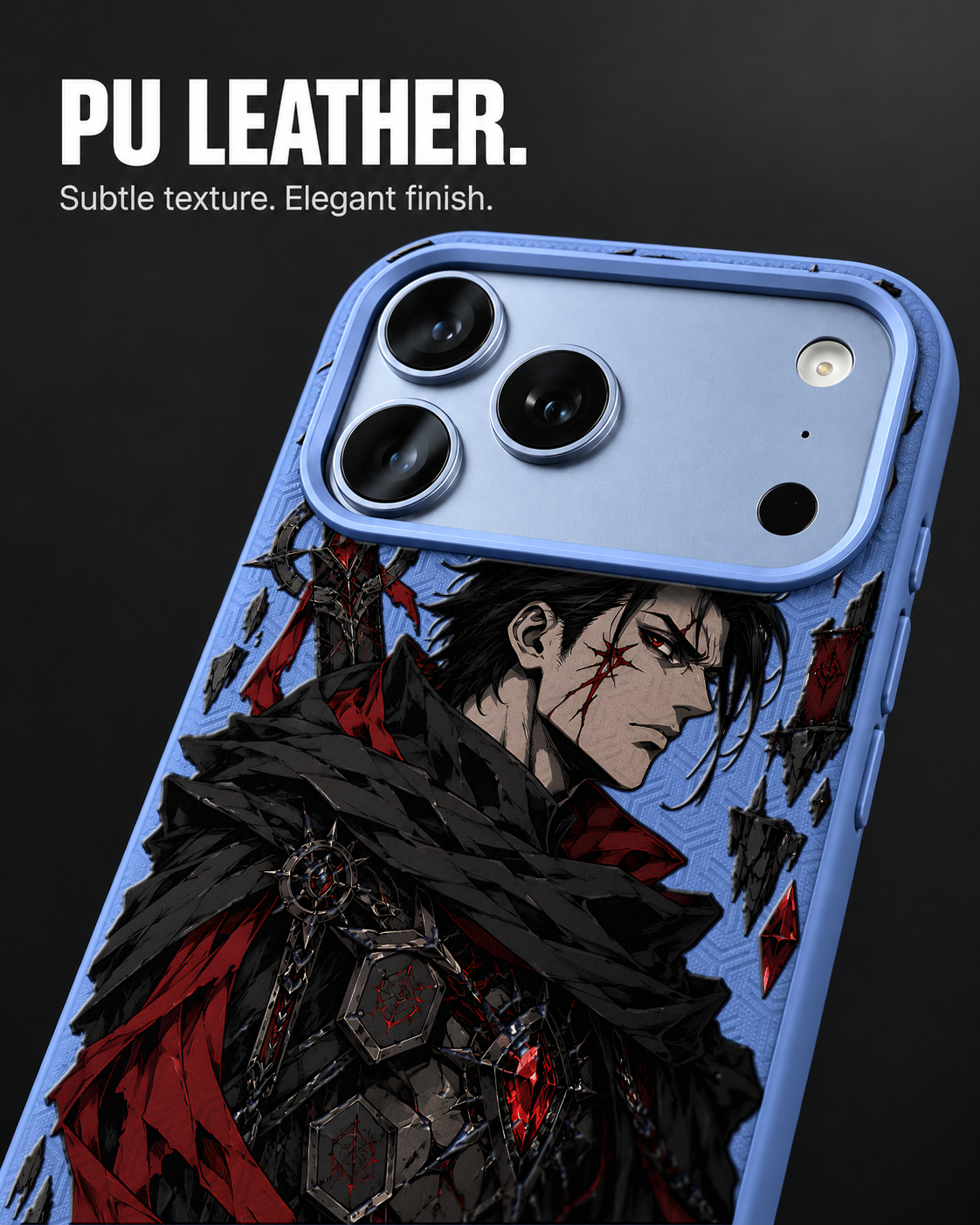 HEXBOUND LeatherX case in Periwinkle, representative iPhone Pro-style template, view 3