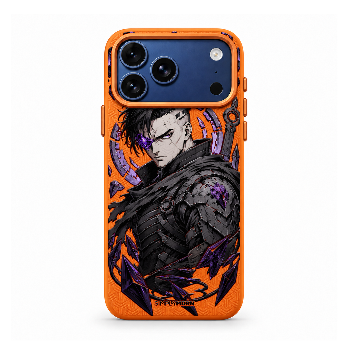 VIOLET RUIN LeatherX case in Orange, representative iPhone Pro-style template, view 1