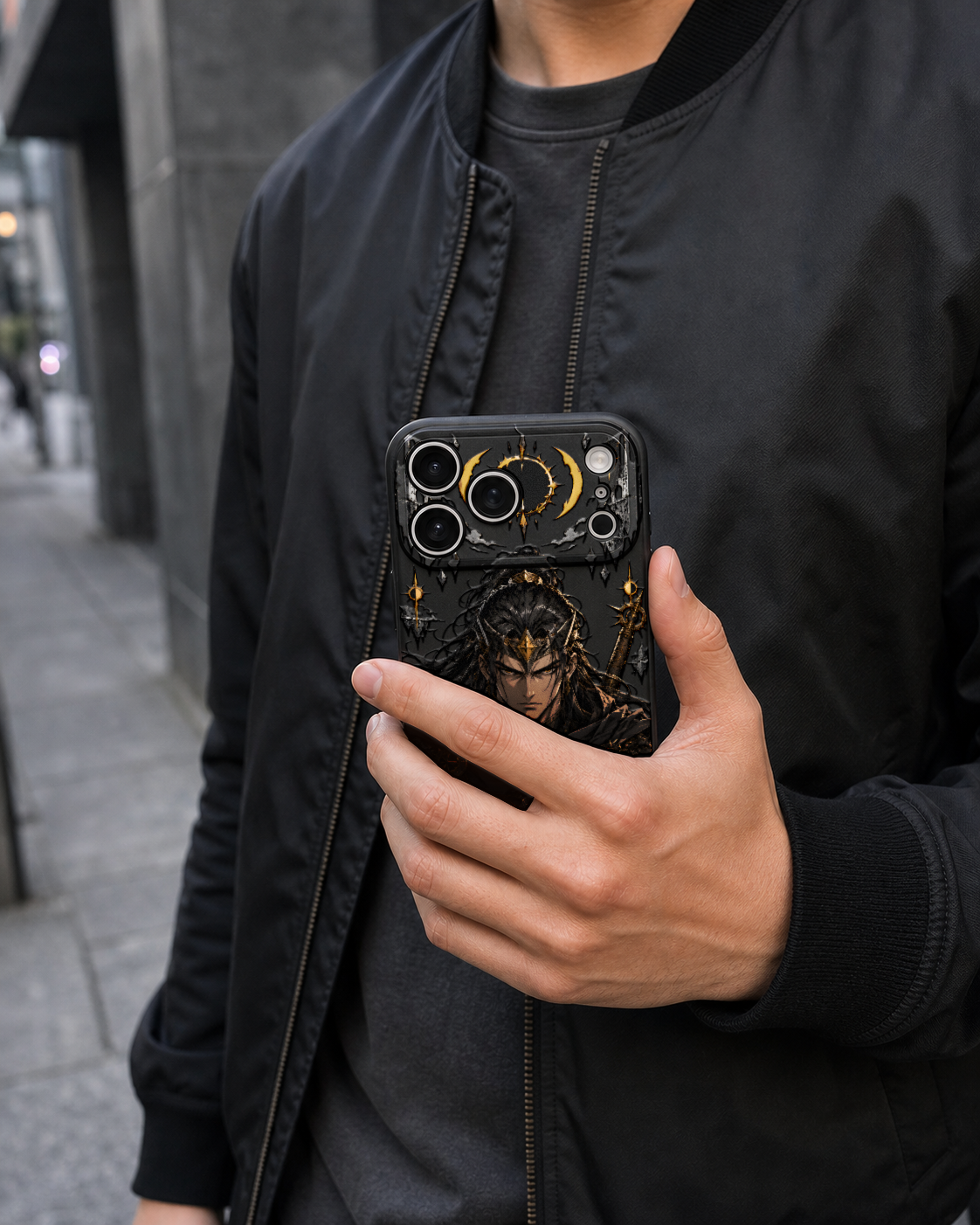 SUNLESS CROWN original anime-inspired artwork on Slim S2 Black case, pictured on iPhone 17 Pro Max - view 5