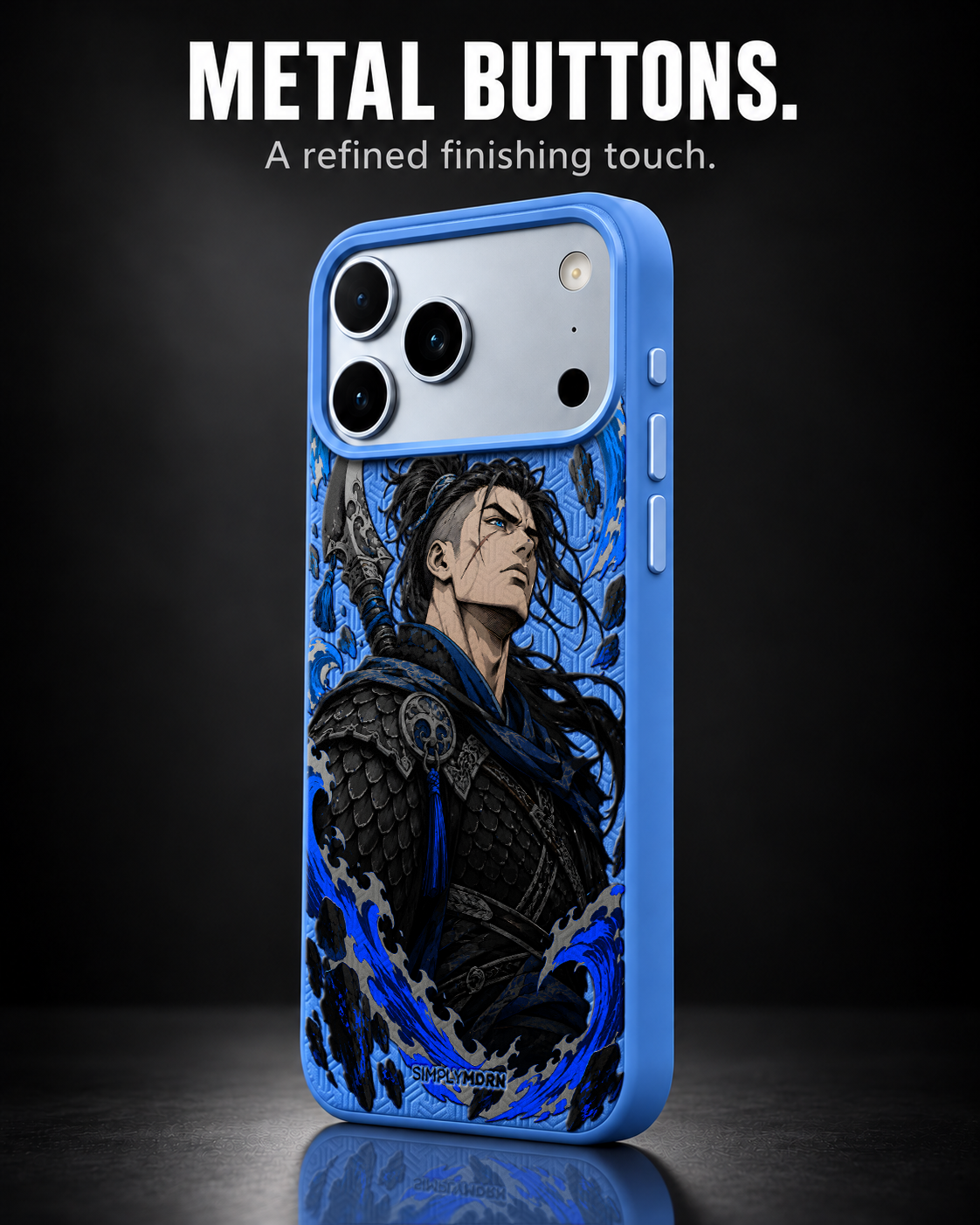 TIDAL RONIN LeatherX case in Blue, representative iPhone Pro-style template, view 2