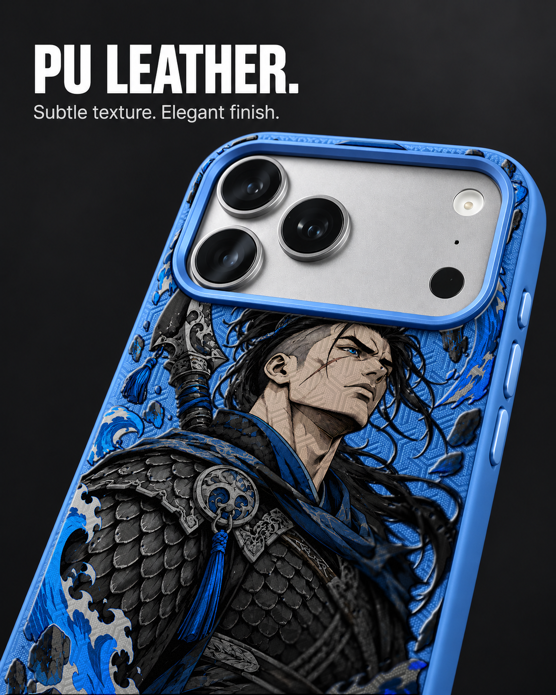 TIDAL RONIN LeatherX case in Blue, representative iPhone Pro-style template, view 3