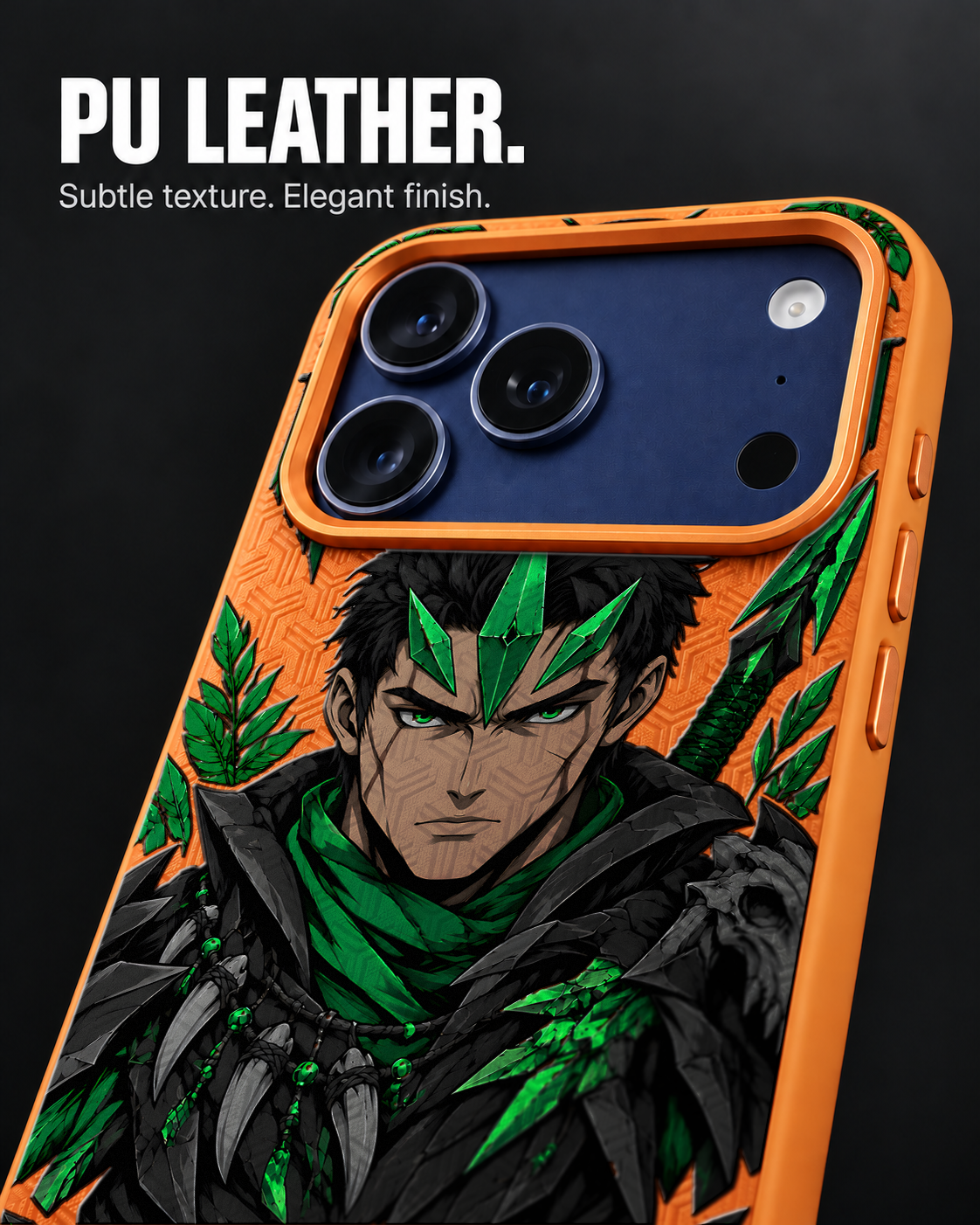 JADE PREDATOR LeatherX case in Orange, representative iPhone Pro-style template, view 3
