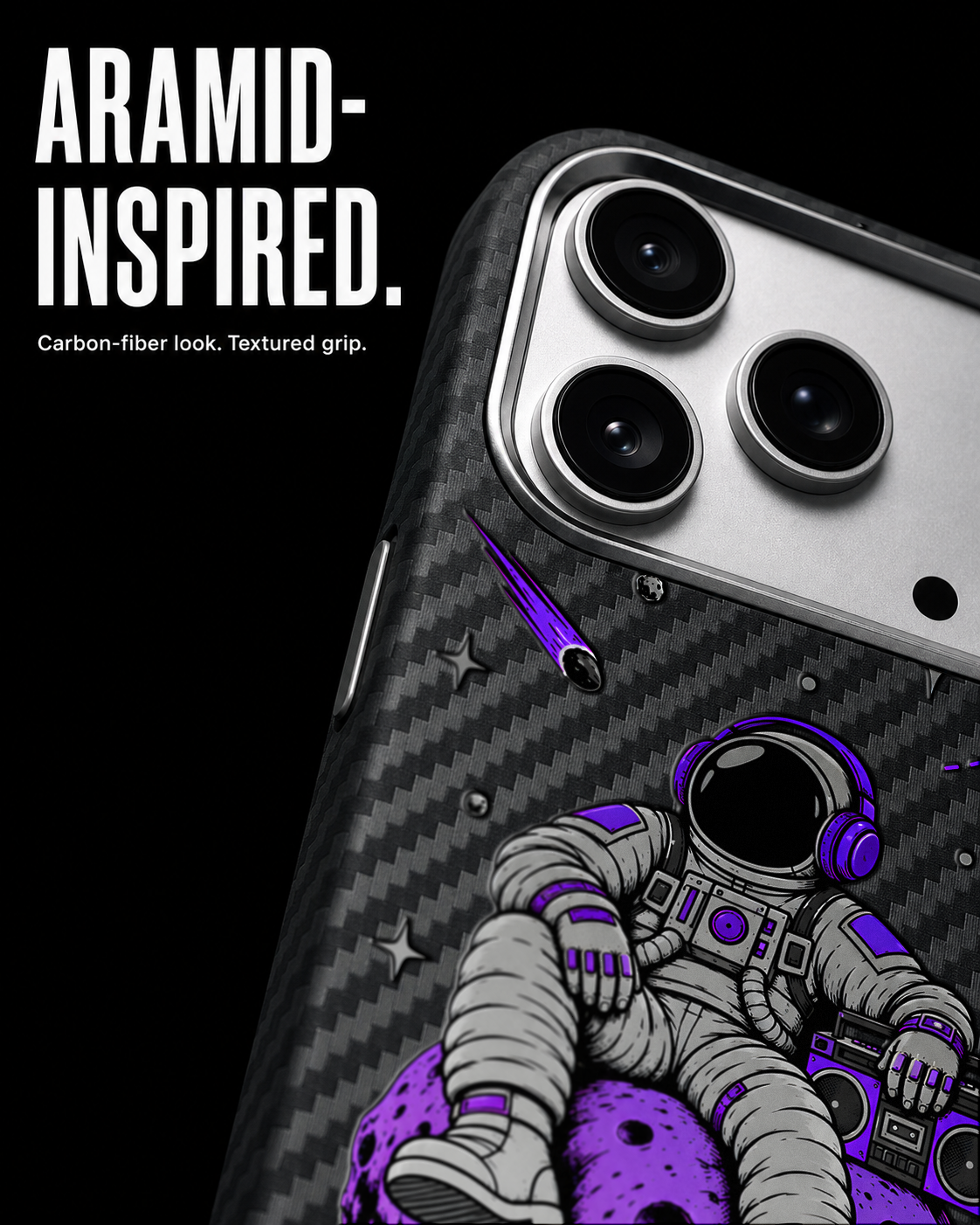Lunar Static artwork on a Black Carbon case (Carbon [S1]), shown on iPhone 17 Pro, view 4