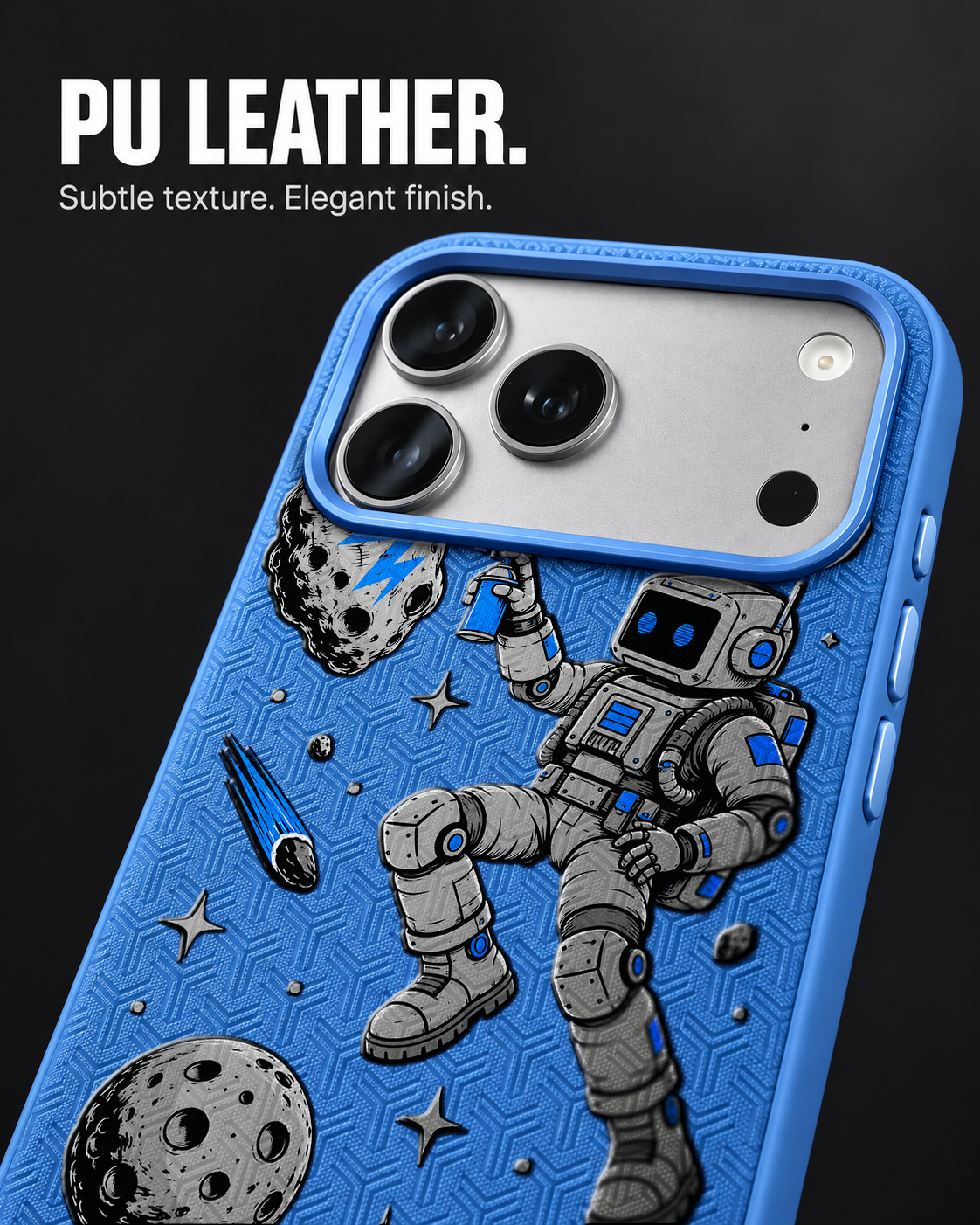 COSMIC TAG LeatherX case in Blue, representative iPhone Pro-style template, view 3
