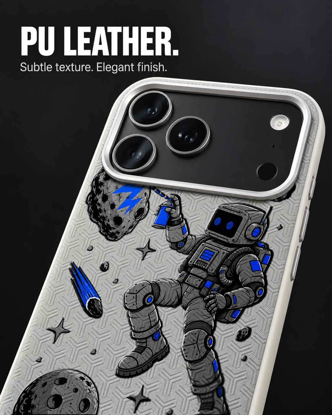 COSMIC TAG LeatherX case in Light Gray, representative iPhone Pro-style template, view 3