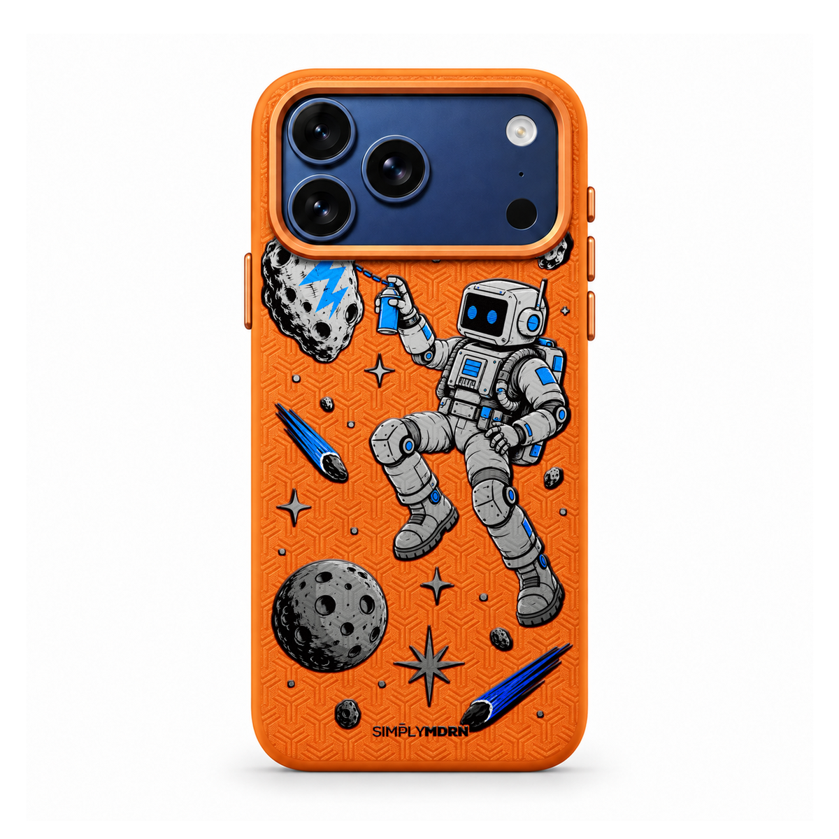 COSMIC TAG LeatherX case in Orange, representative iPhone Pro-style template, view 1