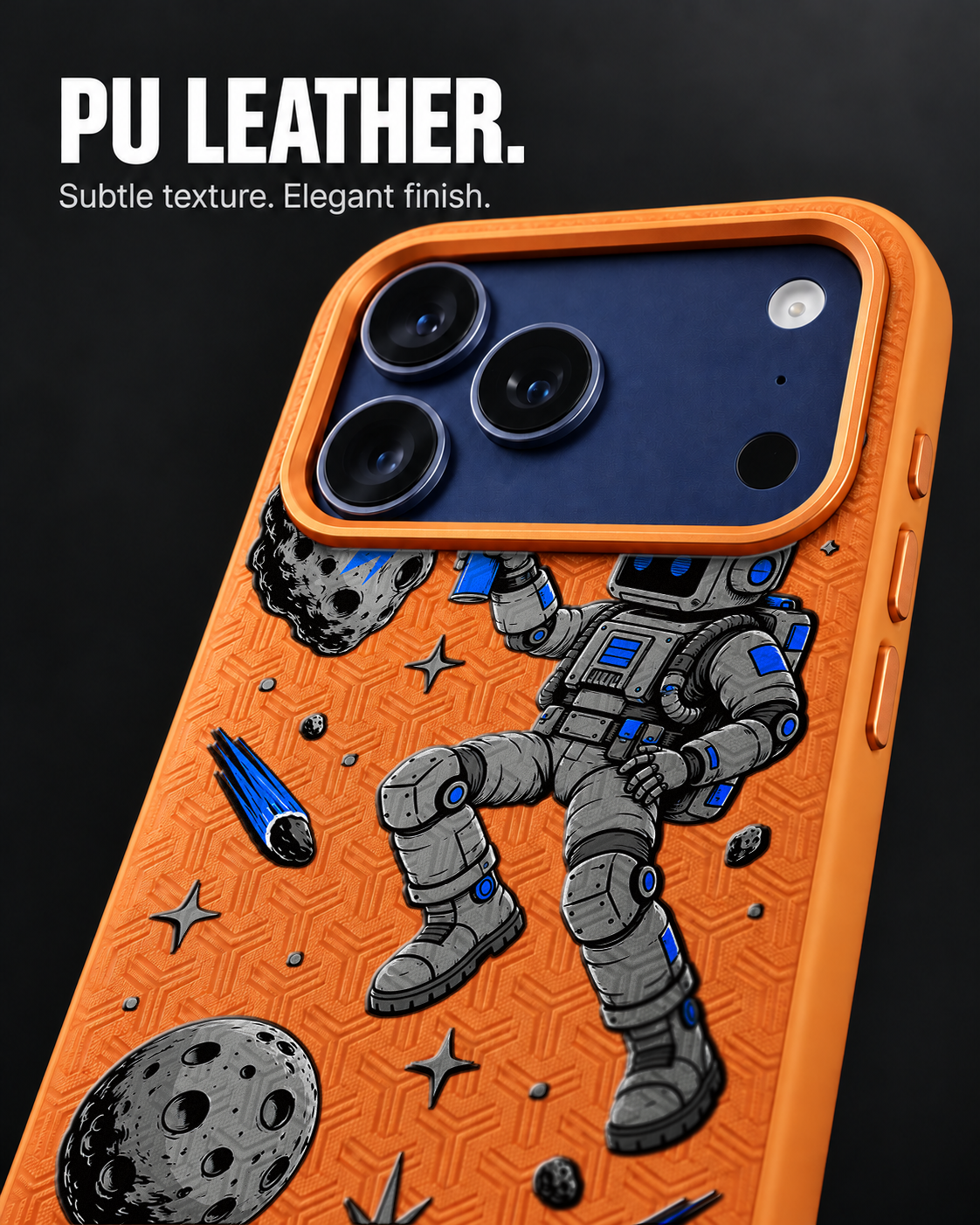 COSMIC TAG LeatherX case in Orange, representative iPhone Pro-style template, view 3