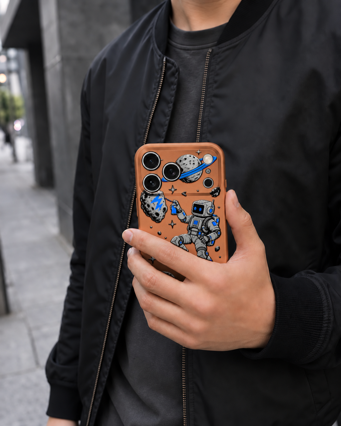 Cosmic Tag artwork on a Orange Slim case (Slim [S2]), shown on iPhone 17 Pro Max, view 5