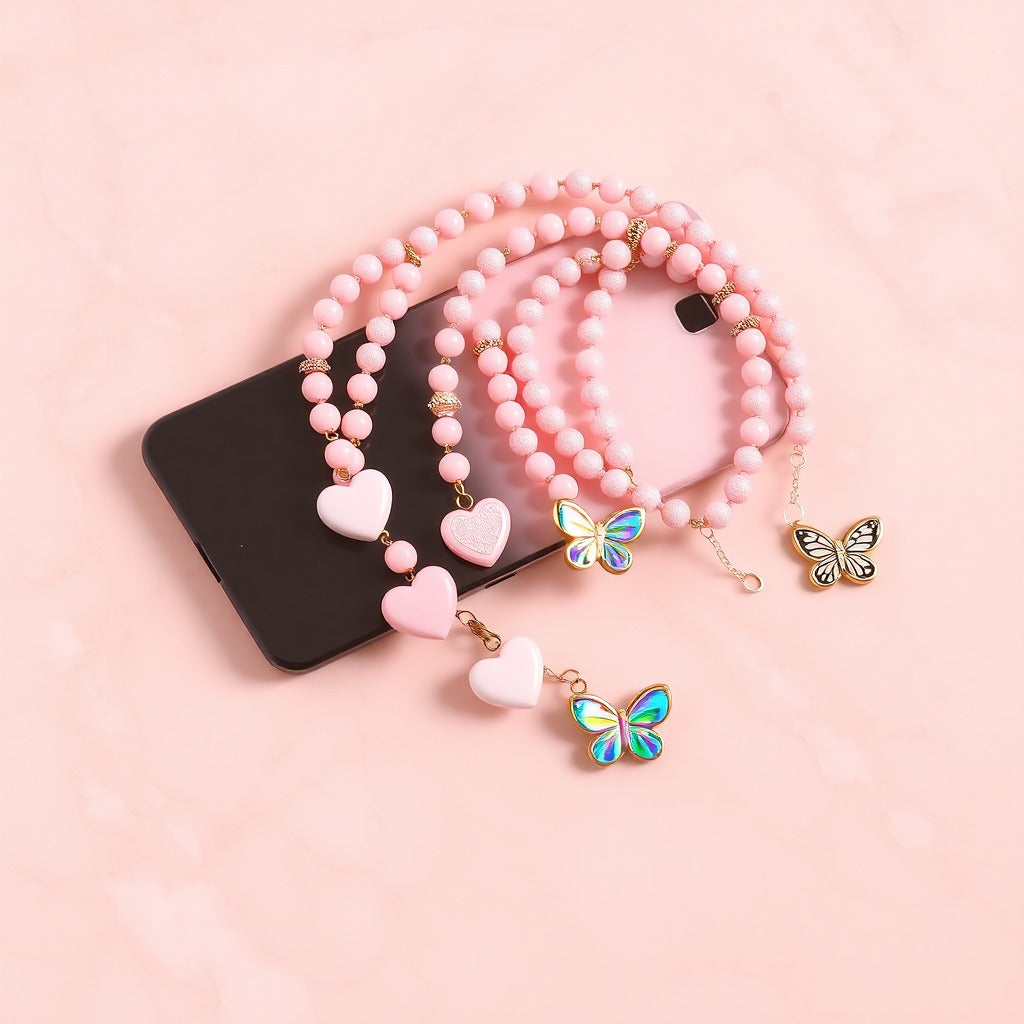 Kawaii Pastel Heart & Butterfly Phone Charm Straps | Beaded Wrist Lanyards