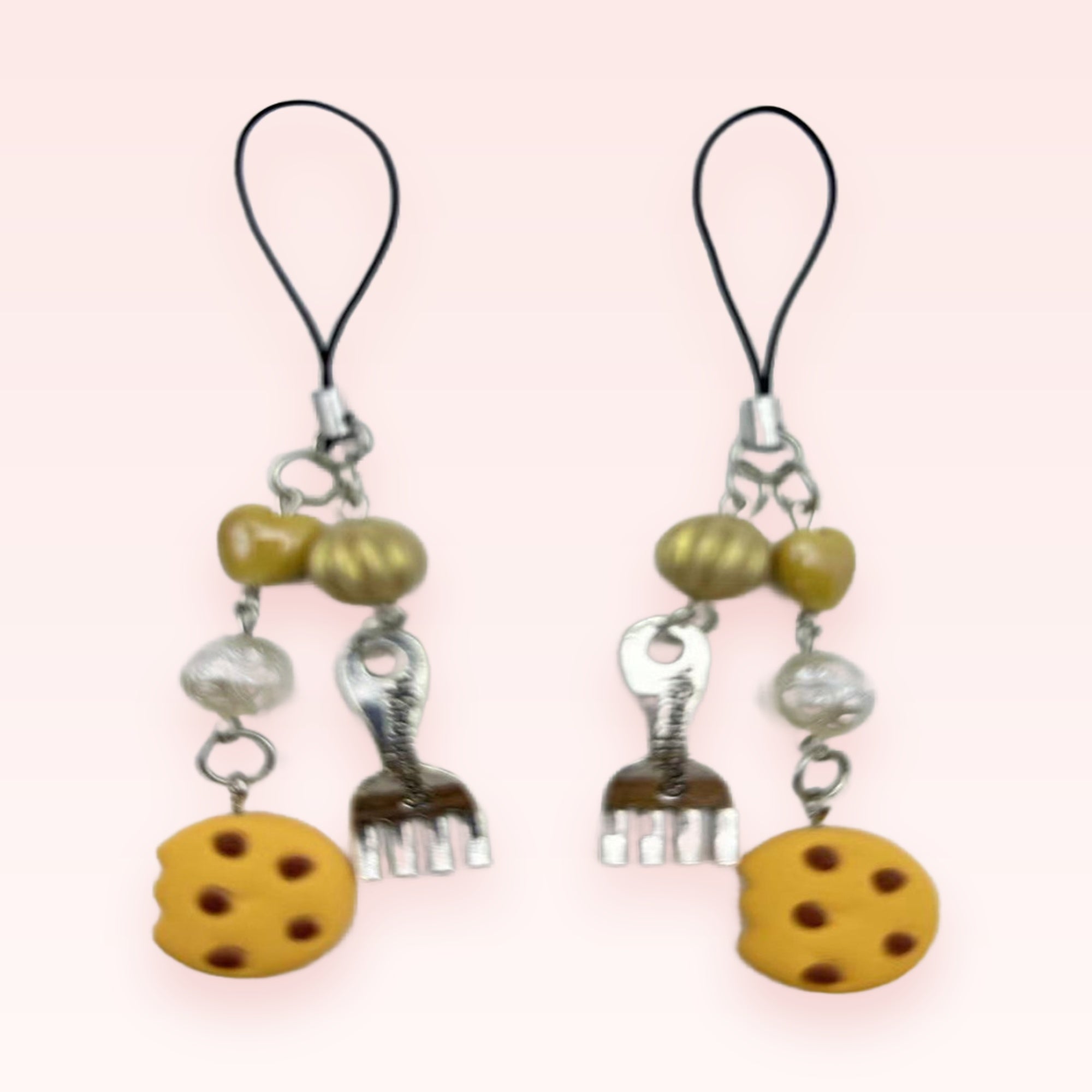 Cute Cookie & Fork Phone Charm | Gold Beaded Wrist Lanyard