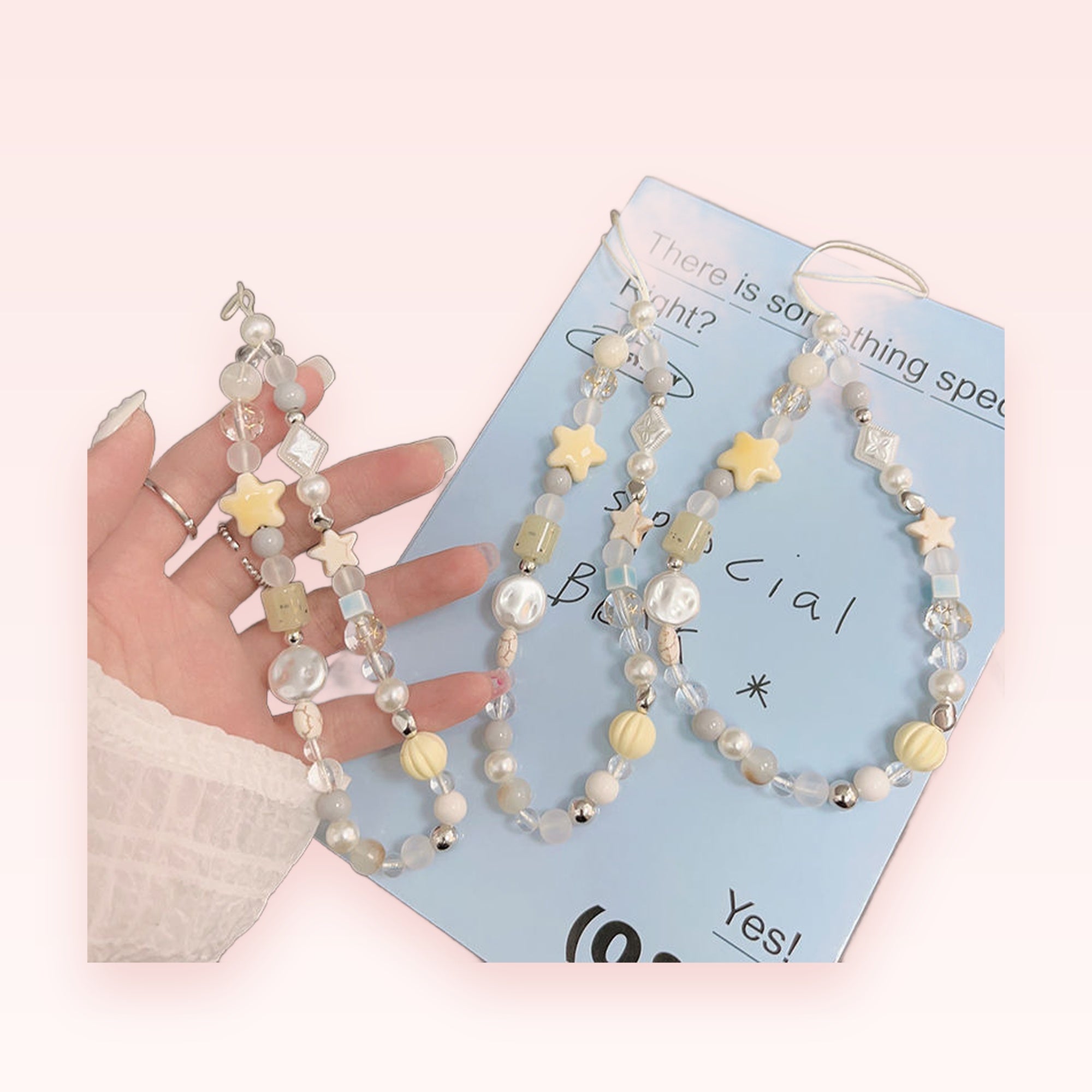 Kawaii Pastel Star & Pearl Phone Charm | Aesthetic Beaded Wrist Strap Lanyard