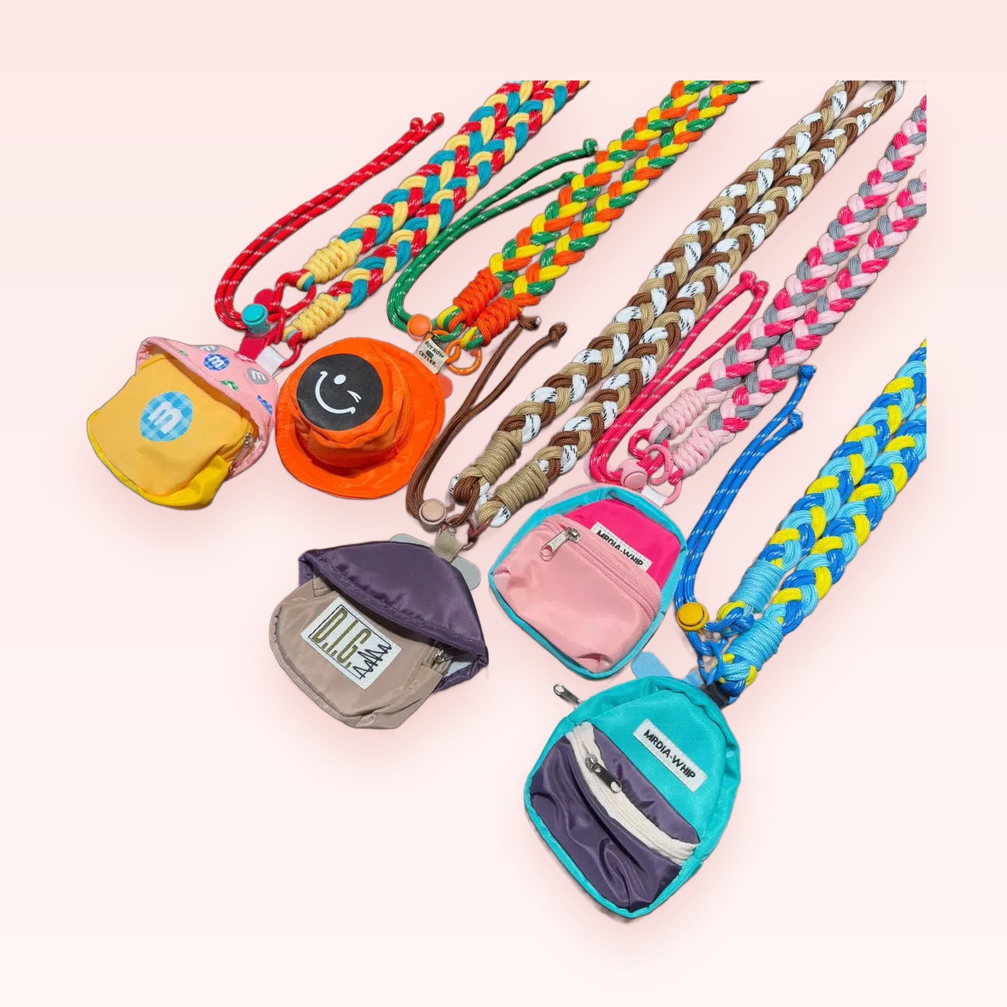 Braided Rope Lanyard Phone Charm | Colorful Woven Wrist Strap with Mini Bag Pendants