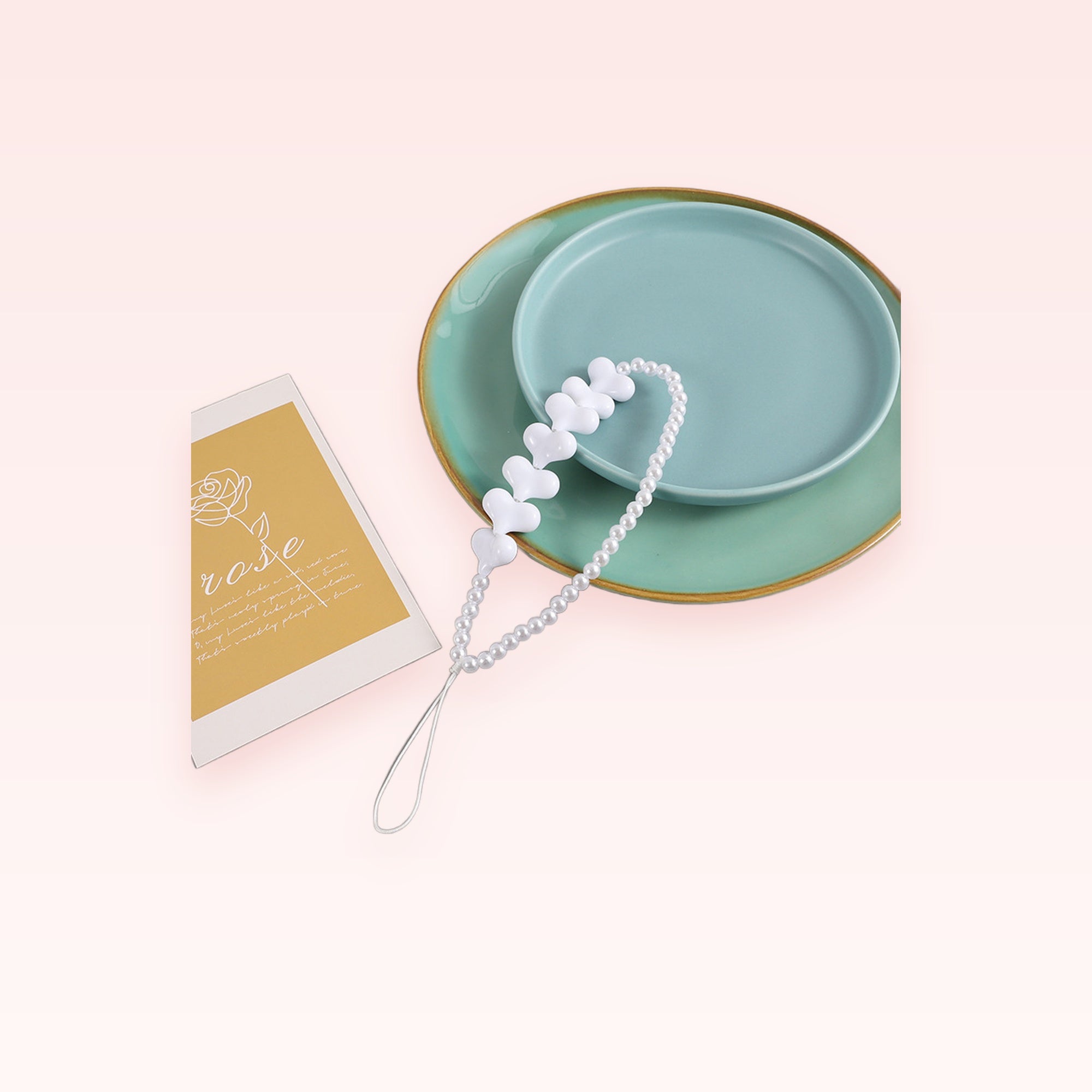 White Heart & Pearl Phone Charm Strap | Cute Wrist Lanyard