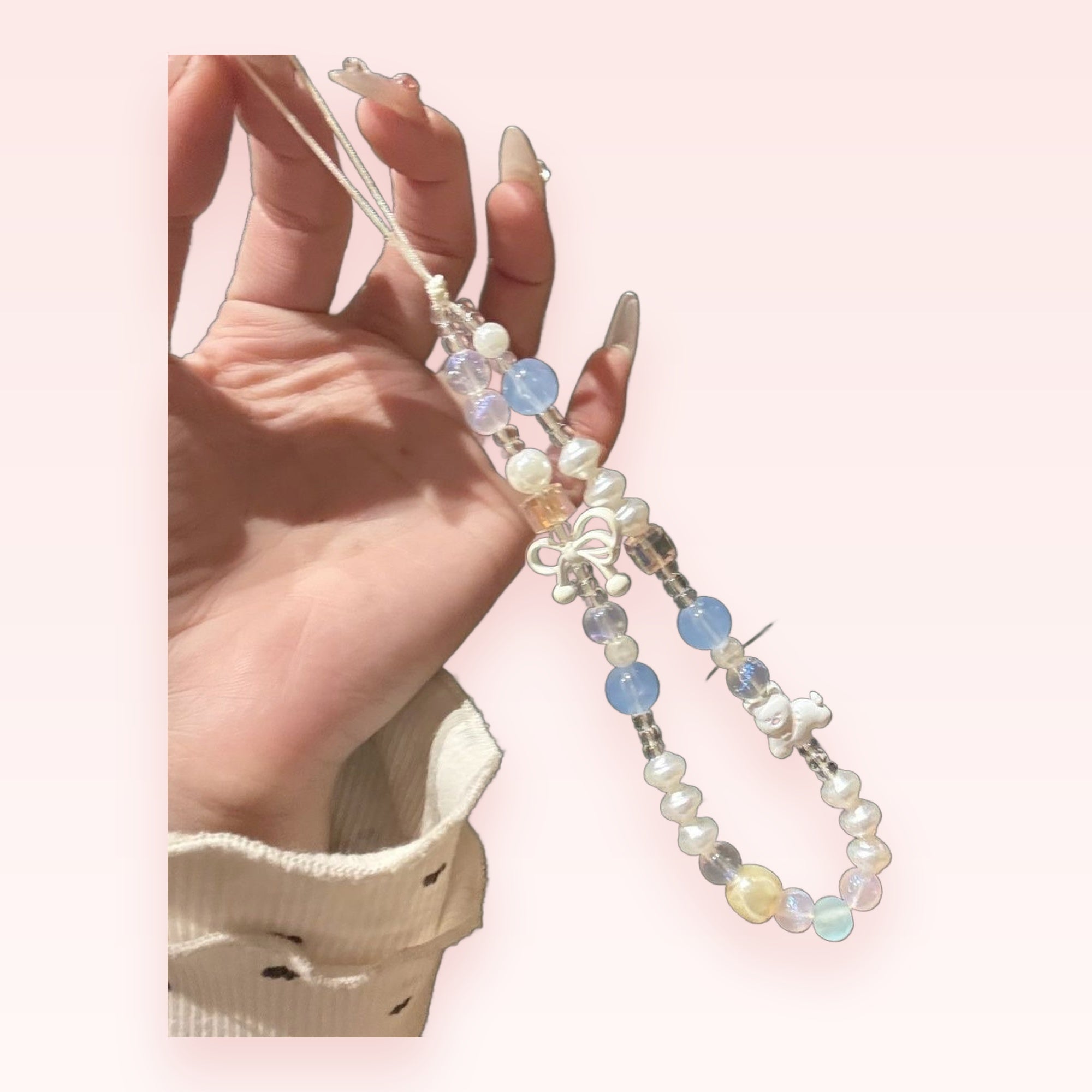 Pastel Pearl & Blue Beaded Phone Charm | Cute Bow & Puppy Wrist Strap