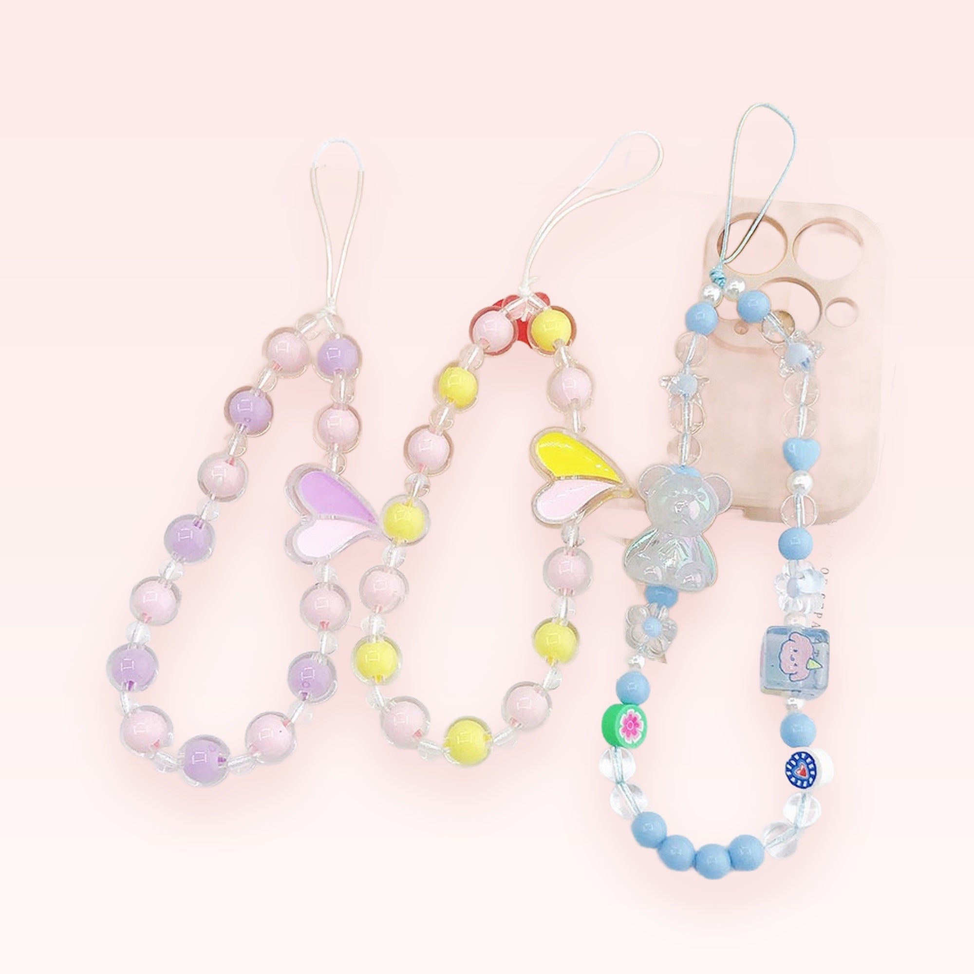 Kawaii Pastel Beaded Phone Charm Strap | Cute Butterfly & Bear Wrist Lanyard