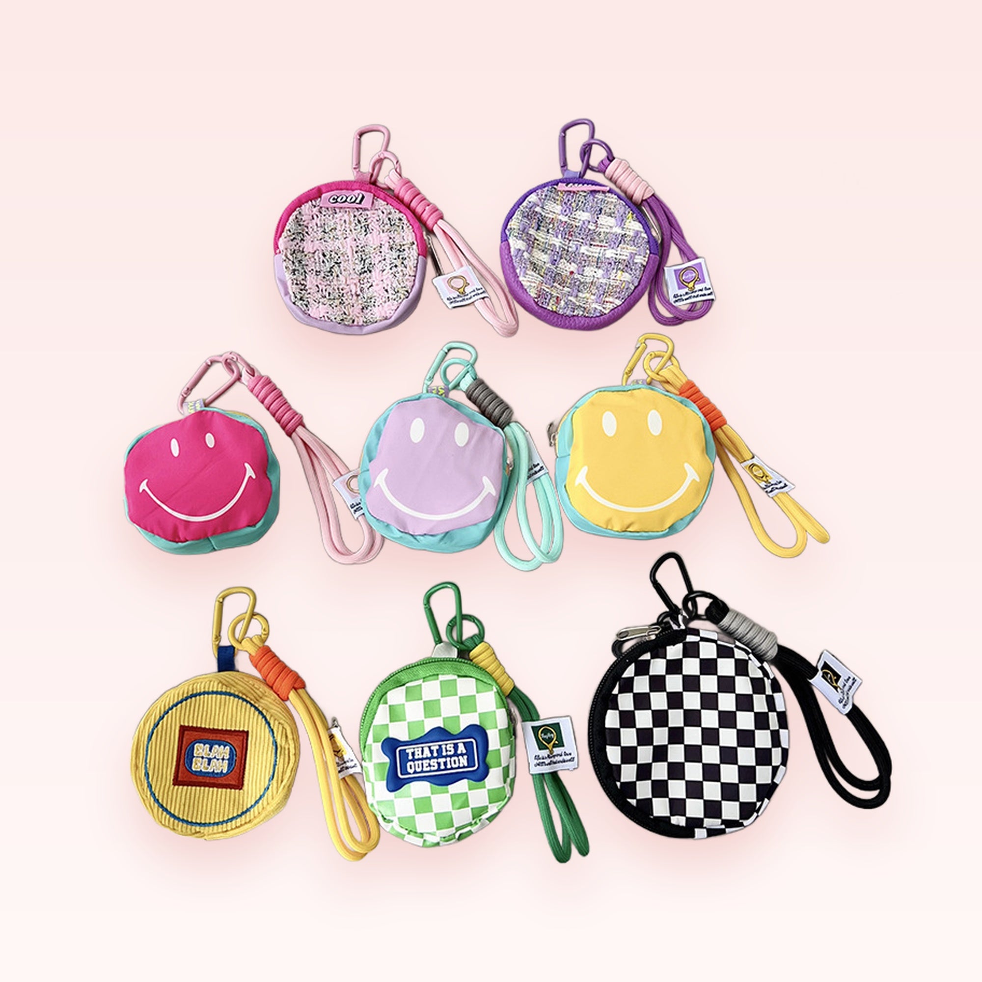 Cute Smiley Face & Checkered Mini Pouch Phone Charm | Y2K Aesthetic Coin Purse Keychain