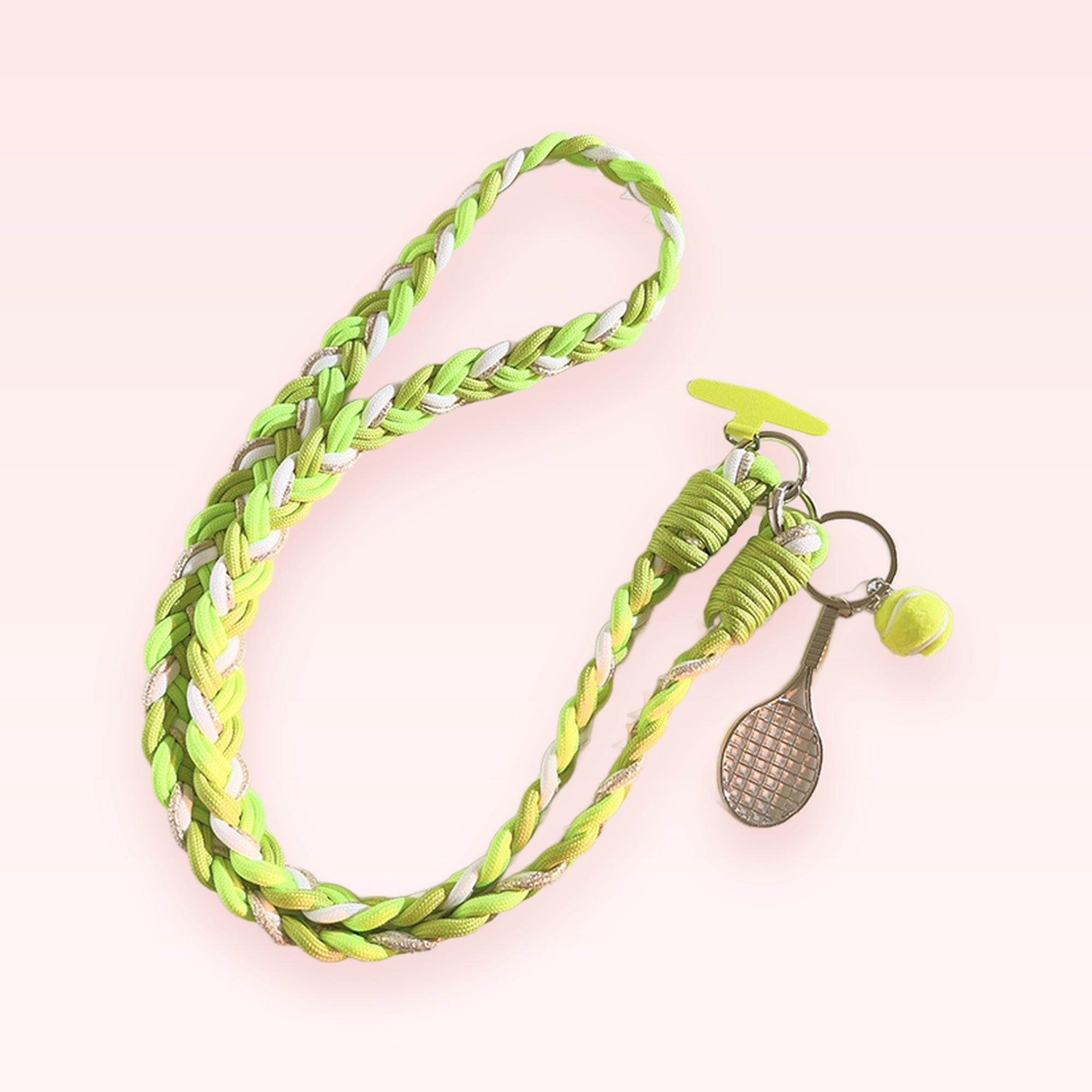 Braided Neon Green & White Phone Lanyard | Tennis Racket & Ball Charm Strap