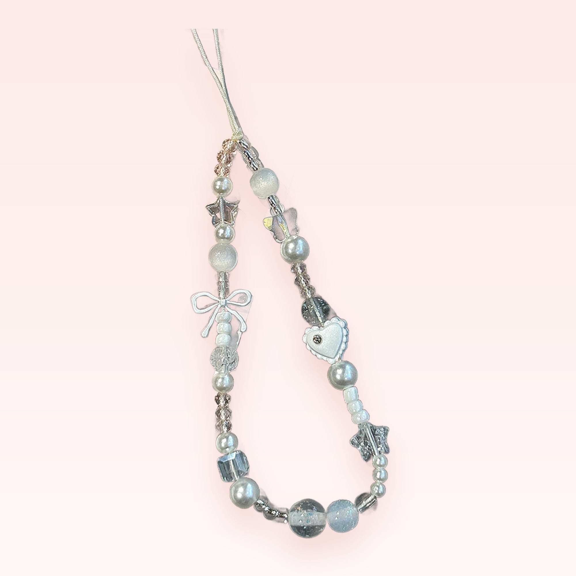 Kawaii White Pearl & Clear Beaded Phone Charm | Aesthetic Star & Heart Wrist Strap