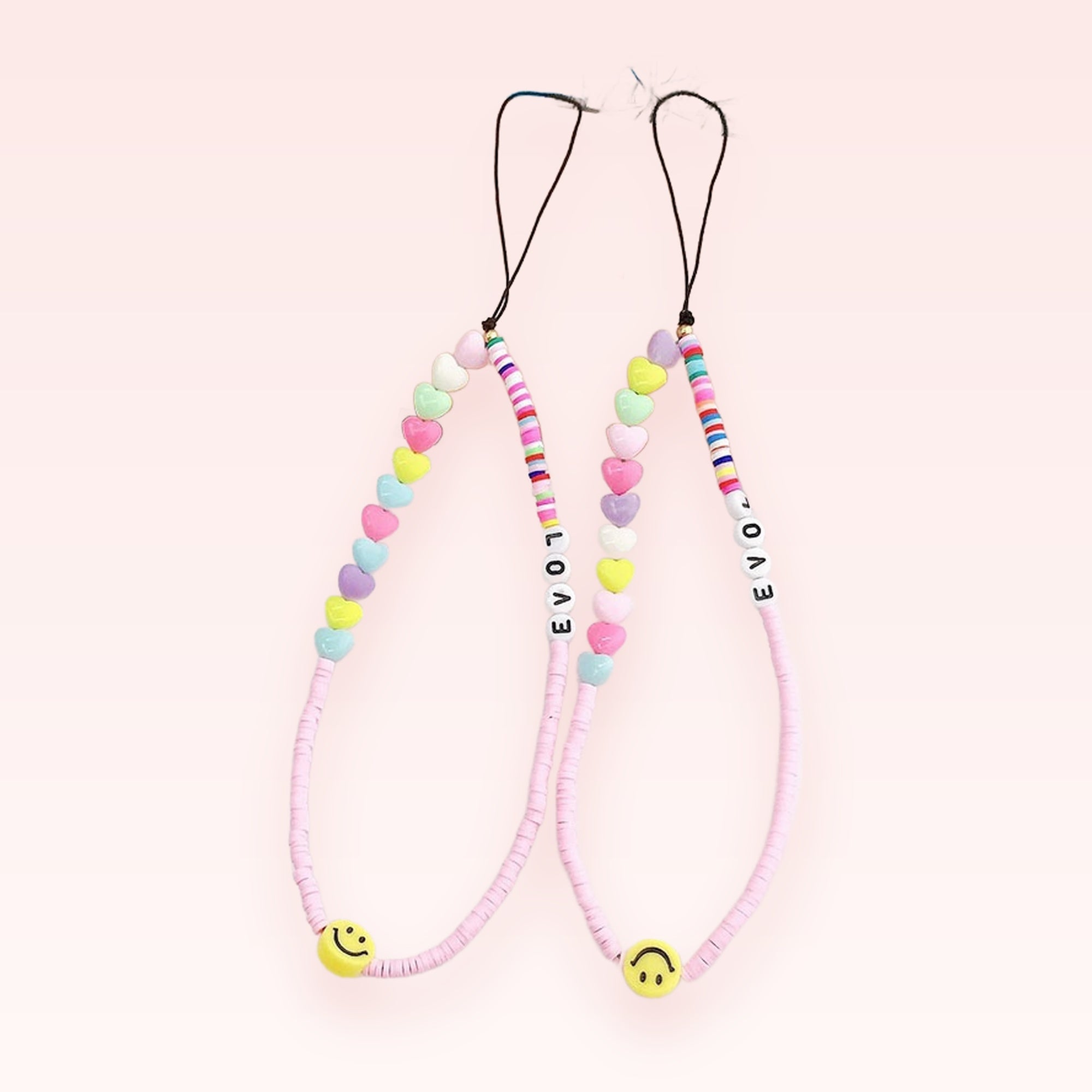 Pastel Heart & Smiley Face Phone Charm | Y2K Beaded Wrist Lanyard