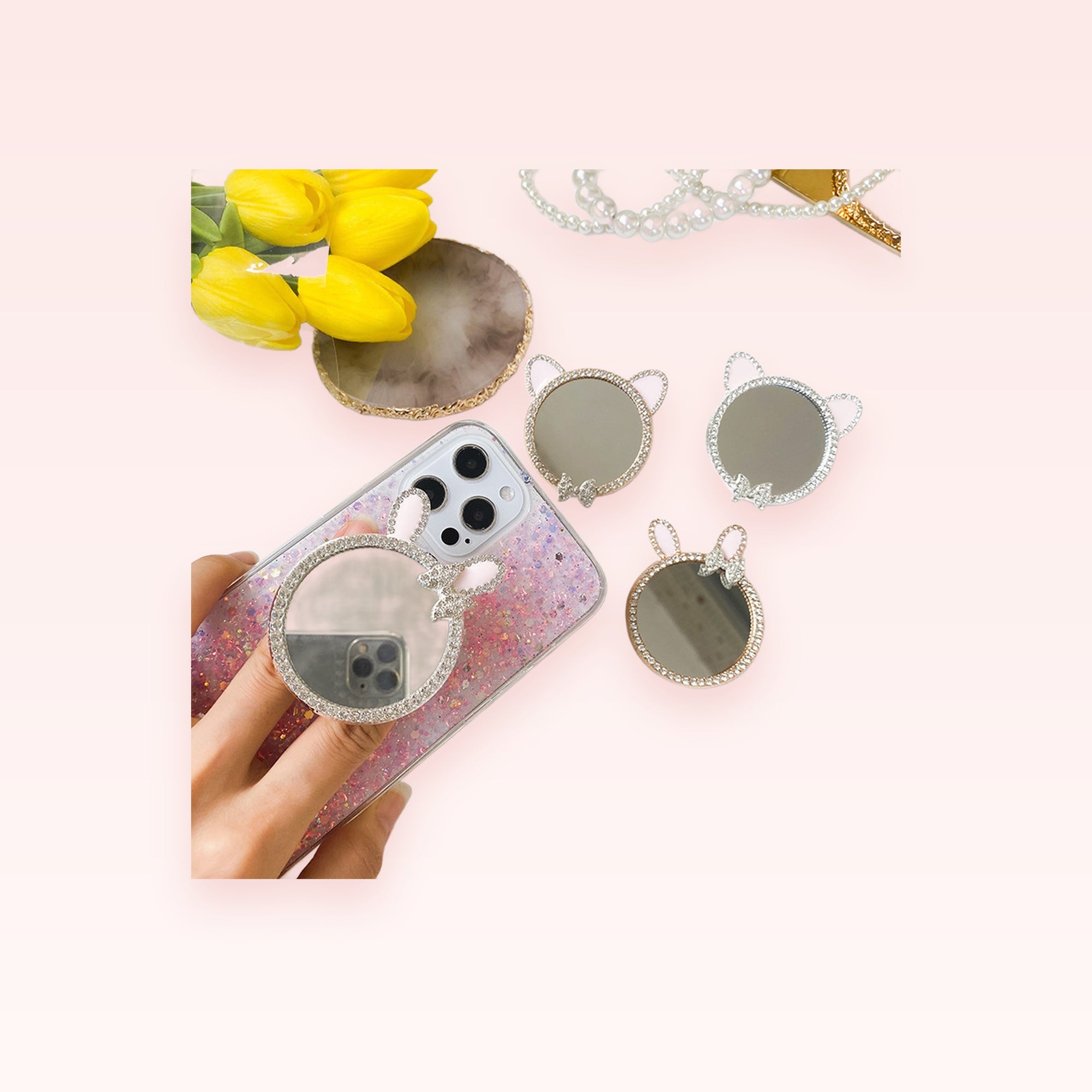 Kawaii Bunny Mirror Phone Grip | Crystal Bling Phone Stand
