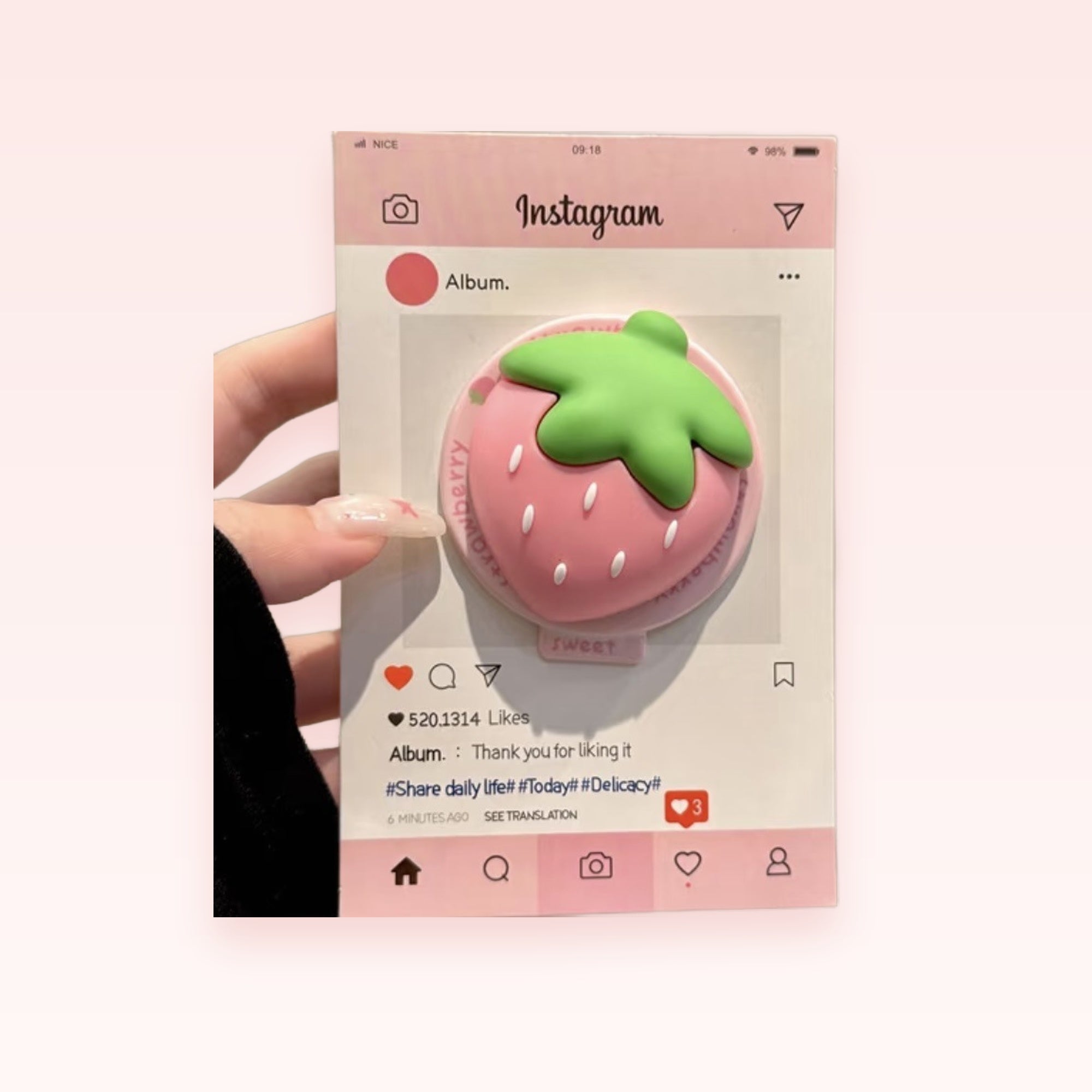 Pink Strawberry Instagram Phone Grip | Kawaii Pop Socket Stand
